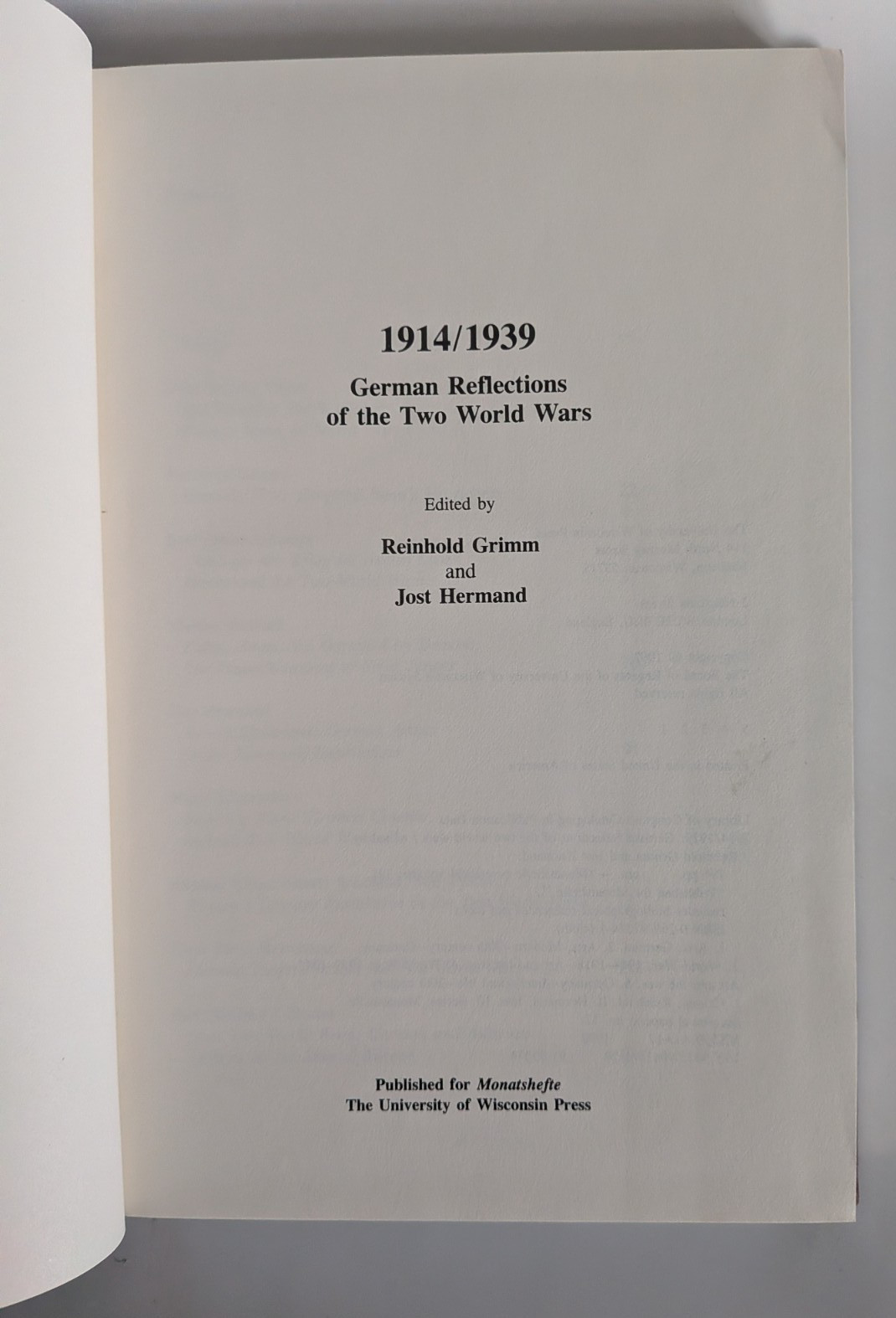 1914/1939 German Reflections Two World Wars Grimm Hermand 1992 HC 1st Ed WW1 WW2