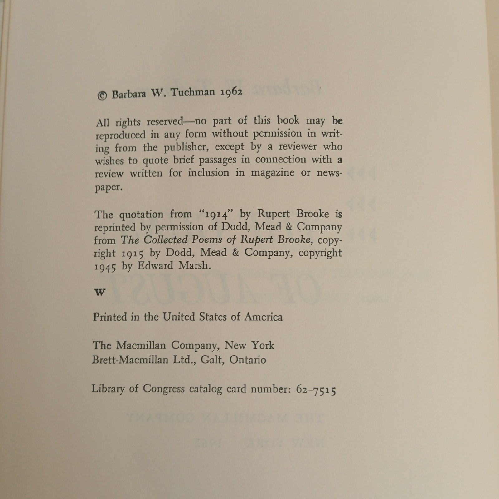 The Guns of August Barbara W. Tuchman Hardcover 1962 Macmillan Company Book Club