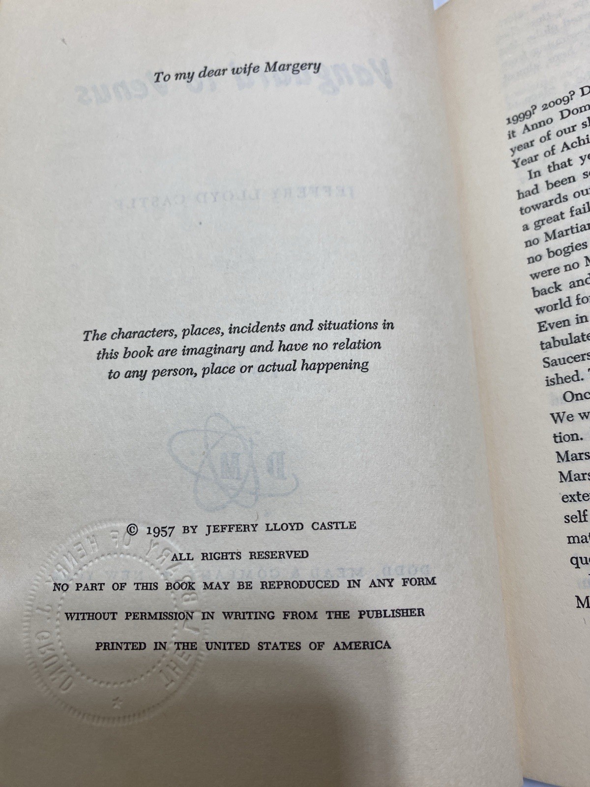VTG 1957 JEFFERY LLOYD CASTLE VANGUARD TO VENUS HC BOOK