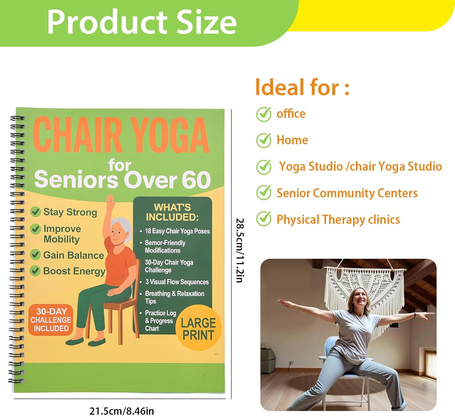 Chair Yoga for Seniors Over 60 Book & Chart, Gentle Seated Chair Yoga Guide, …