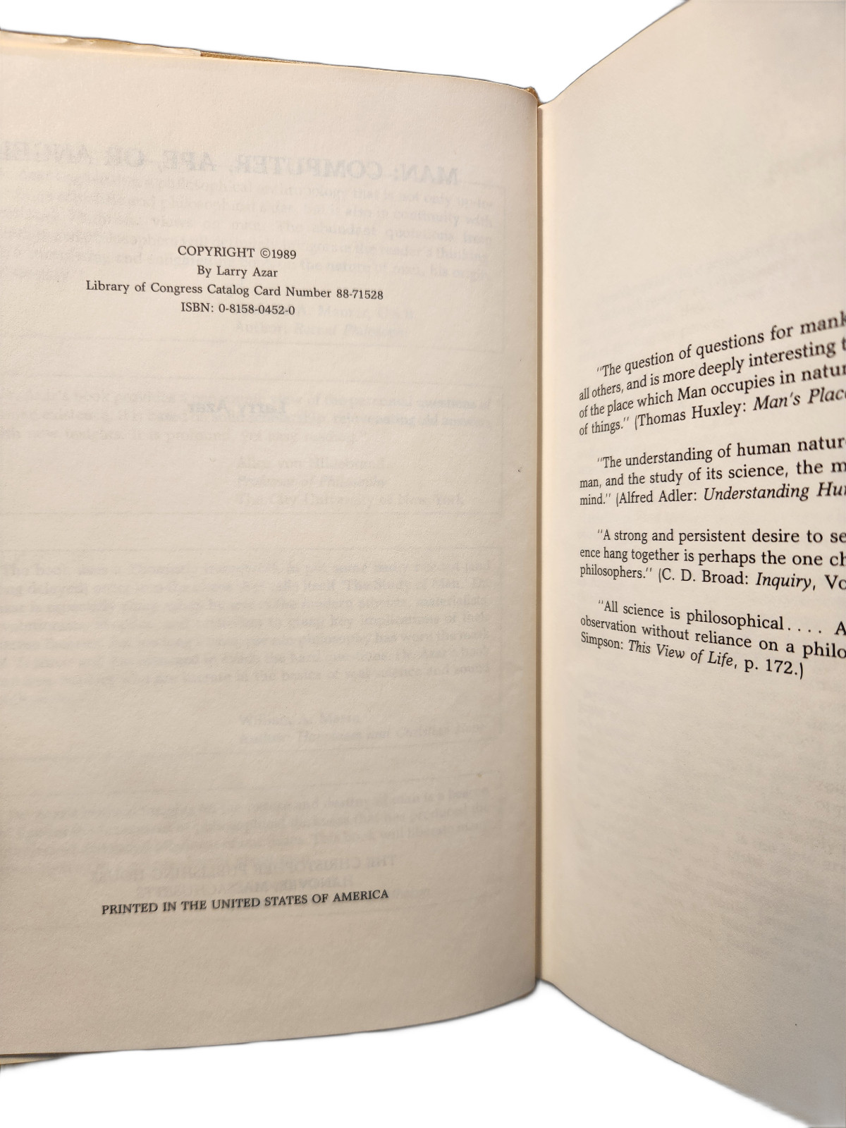 1st, 1st Review Copy / Man: Computer, Ape or Angel? / Larry Azar / 1989 HC DJ