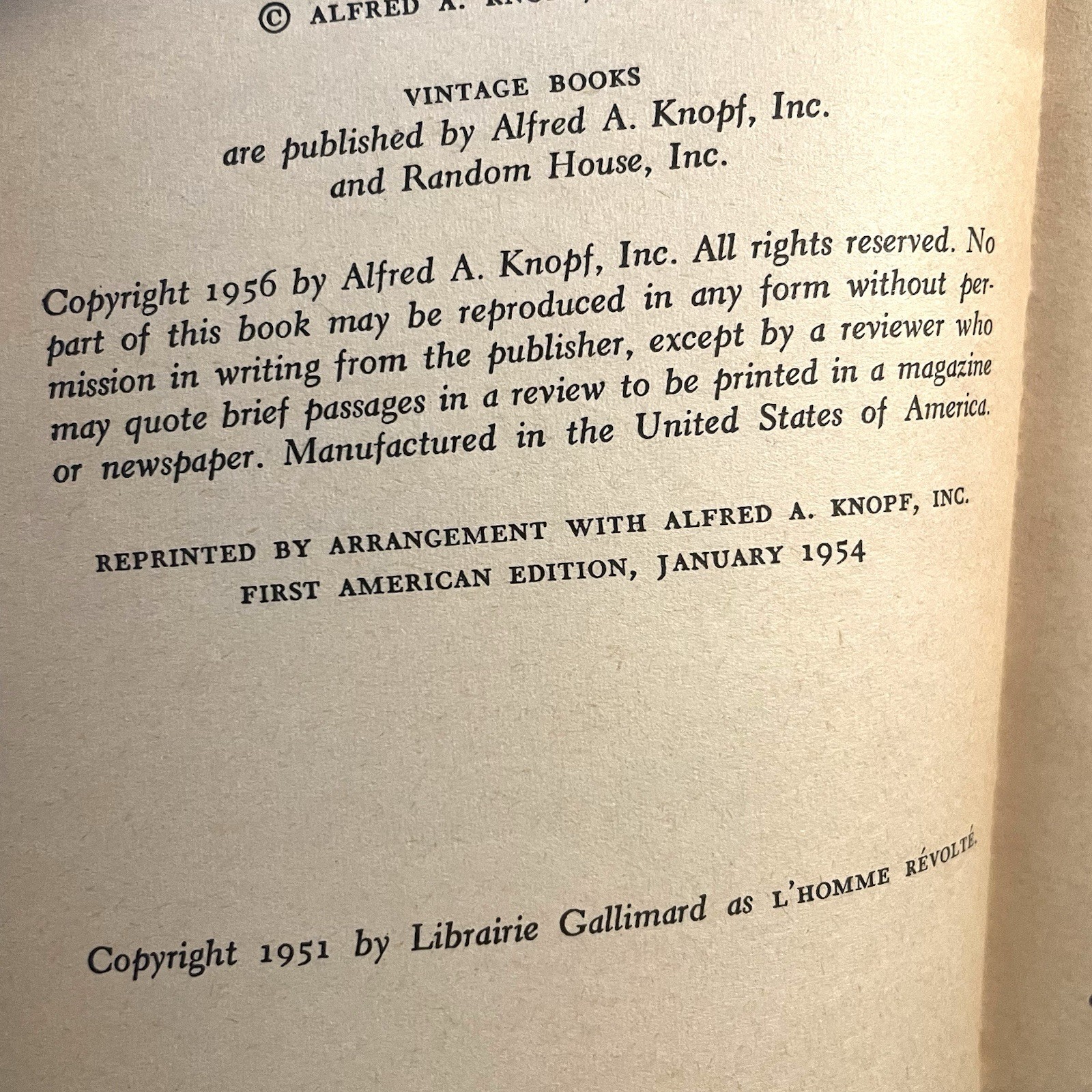THE REBEL by Albert Camus 1954 – 1st US Edition – PB Philosophy Book *GOOD*