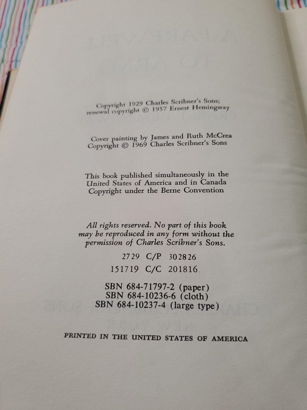 „A Farewell to Arms“ by Ernest Hemingway (1969) Scribner – Vintage Hardback