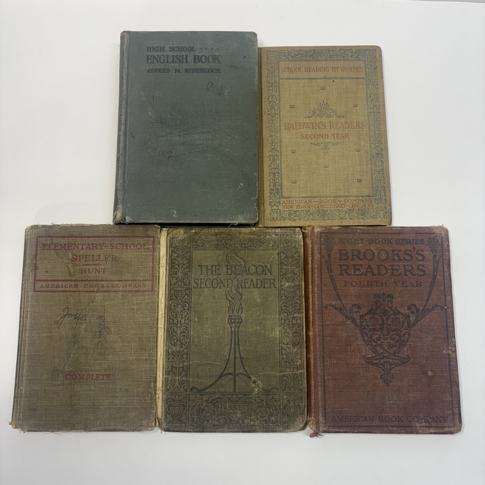 Lot of 5 Antique Vintage School Textbook Speller, Reader, English 1800/1900s