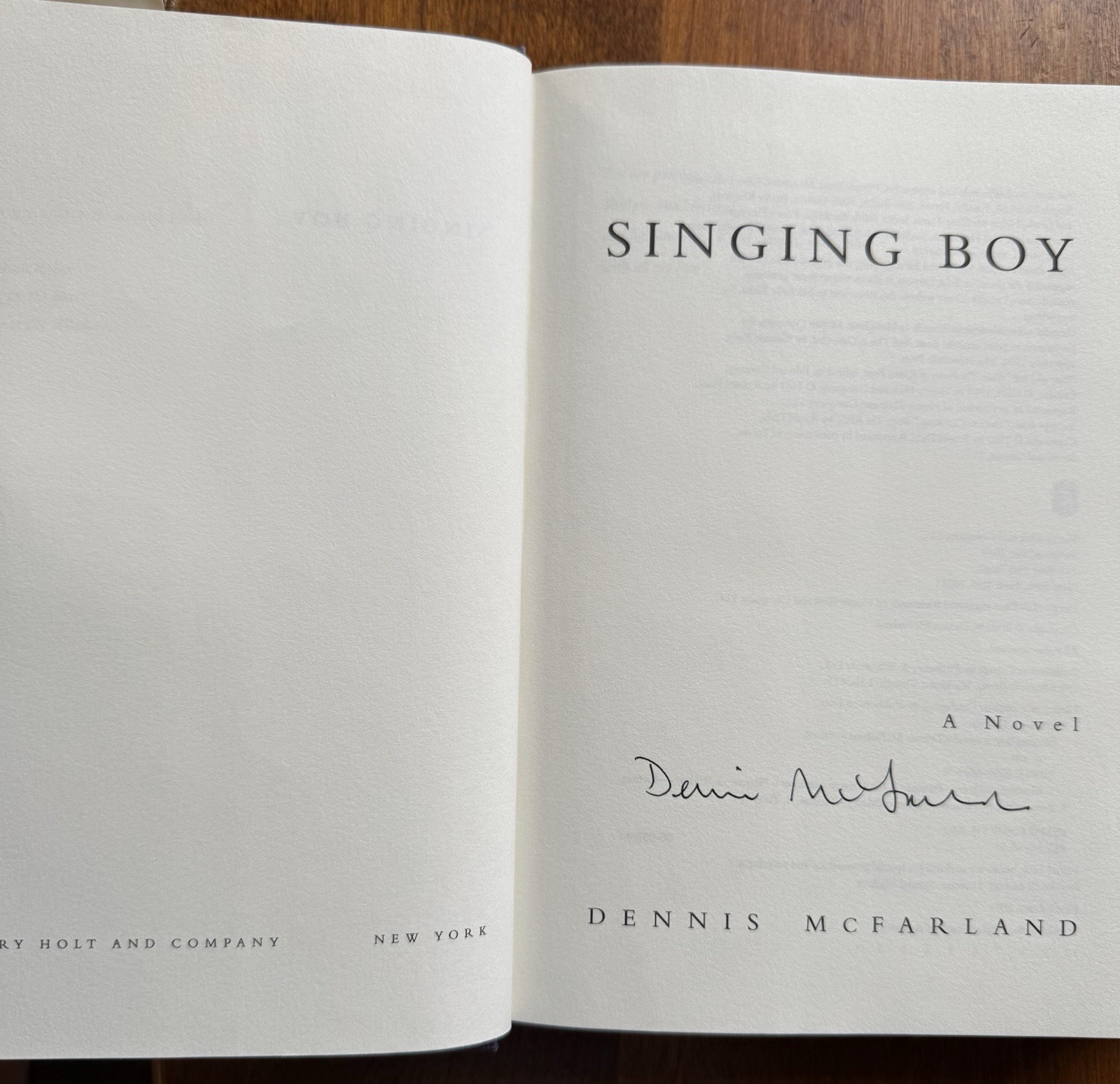 Singing Boy by Dennis McFarland (2001, HC w/ Dust Jacket) SIGNED 1st Ed.