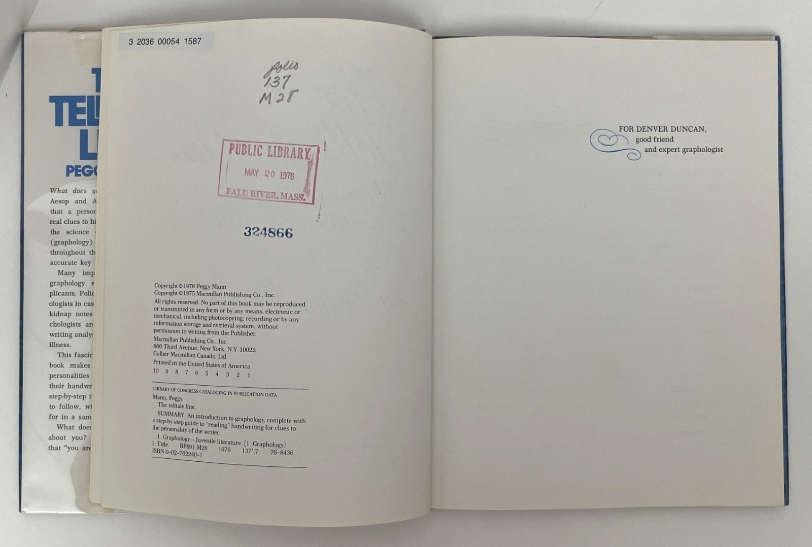 The Telltale Line: The Secrets of Handwriting Analysis, Peggy Mann, HC, 1976