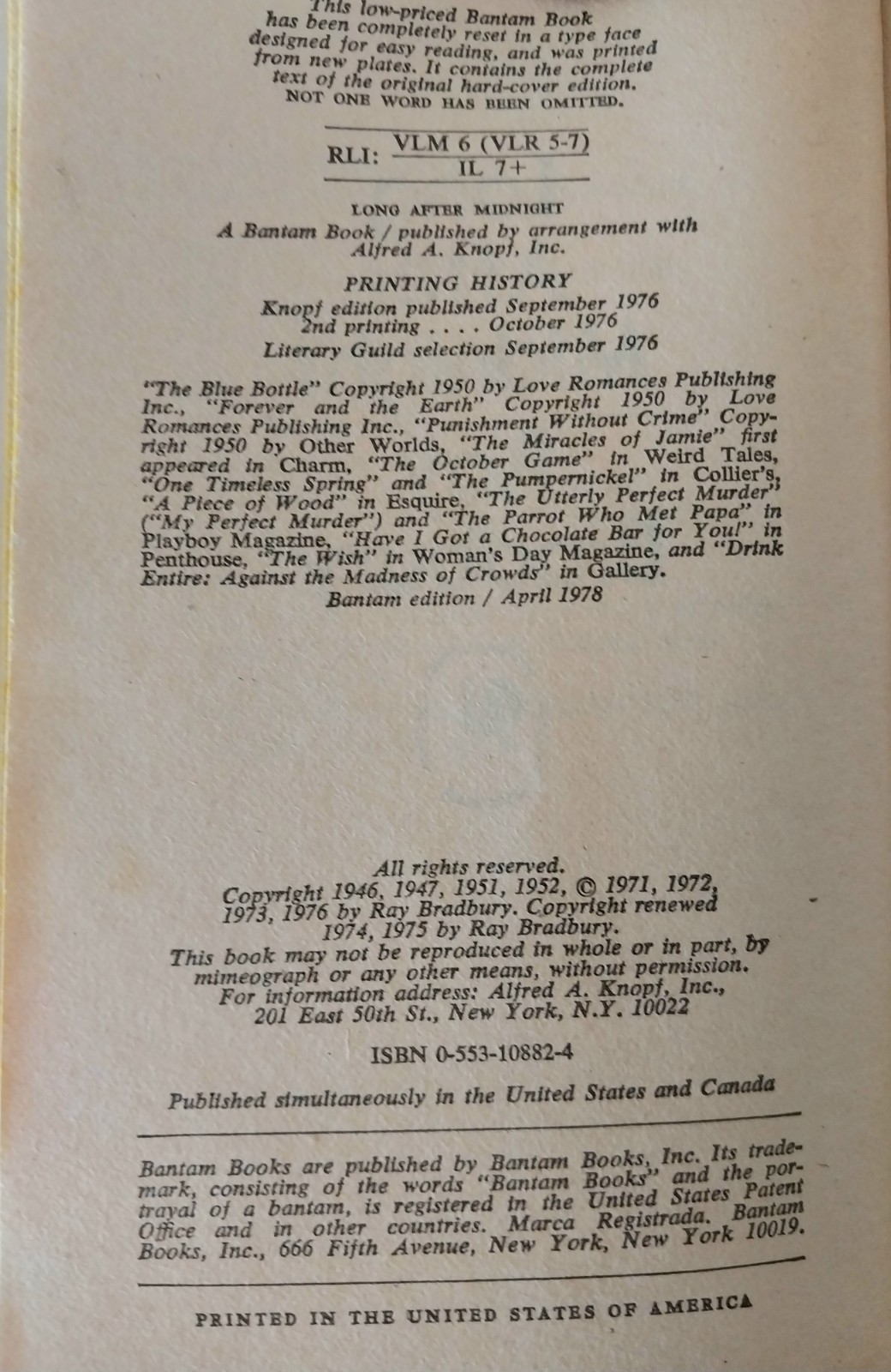 Ray Bradbury – Long After Midnight – Bantam Edition First Printing 1978
