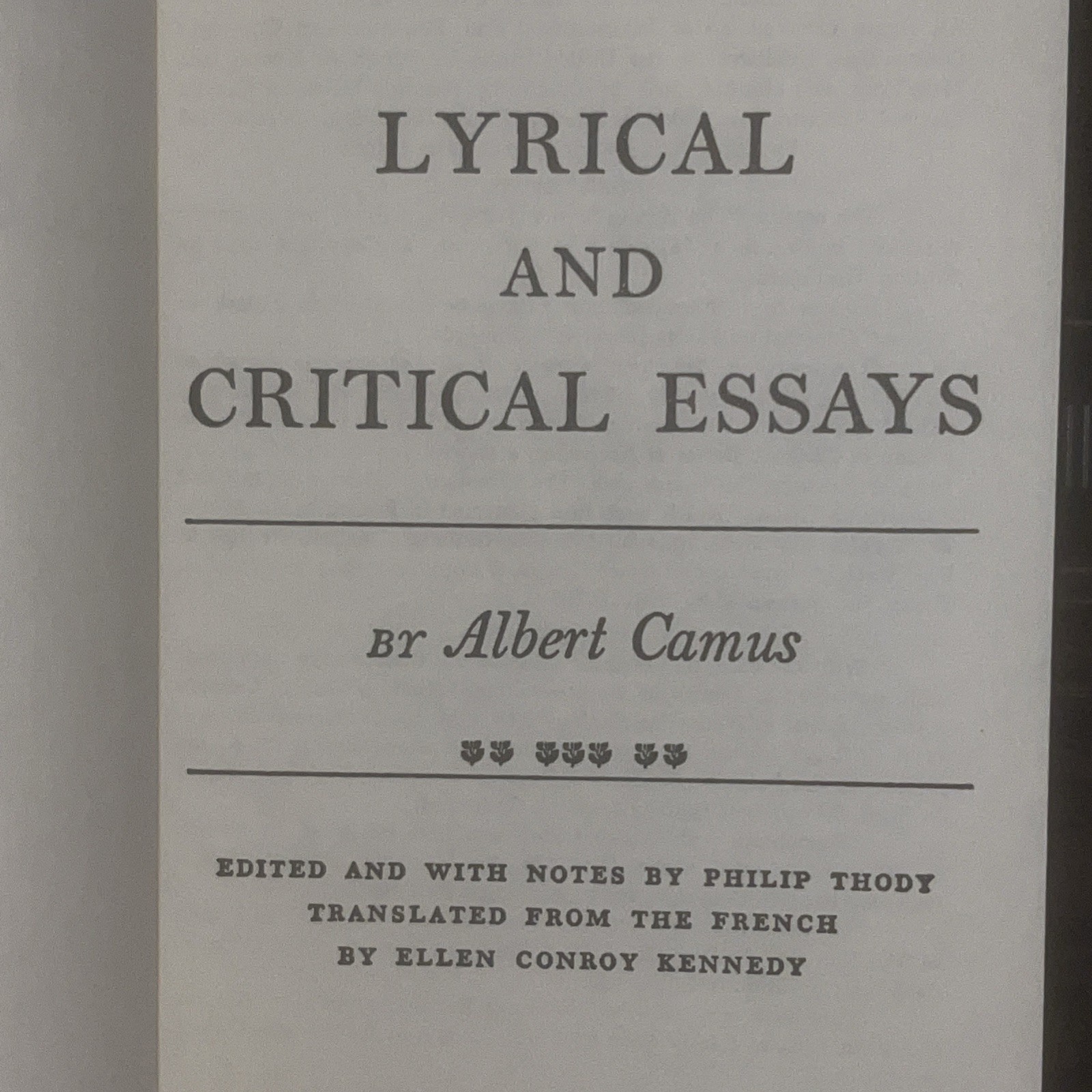 Albert Camus Lyrical and Critical Essays VINTAGE BOOKS EDITION (1970 Paperback)
