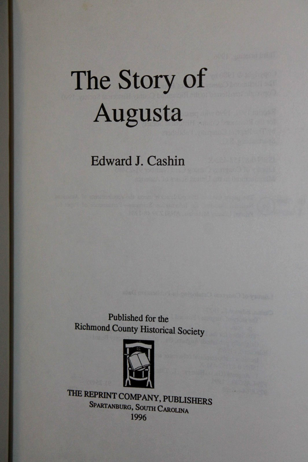 THE STORY OF AUGUSTA (Georgia) by Edward Cashin 1996 HB