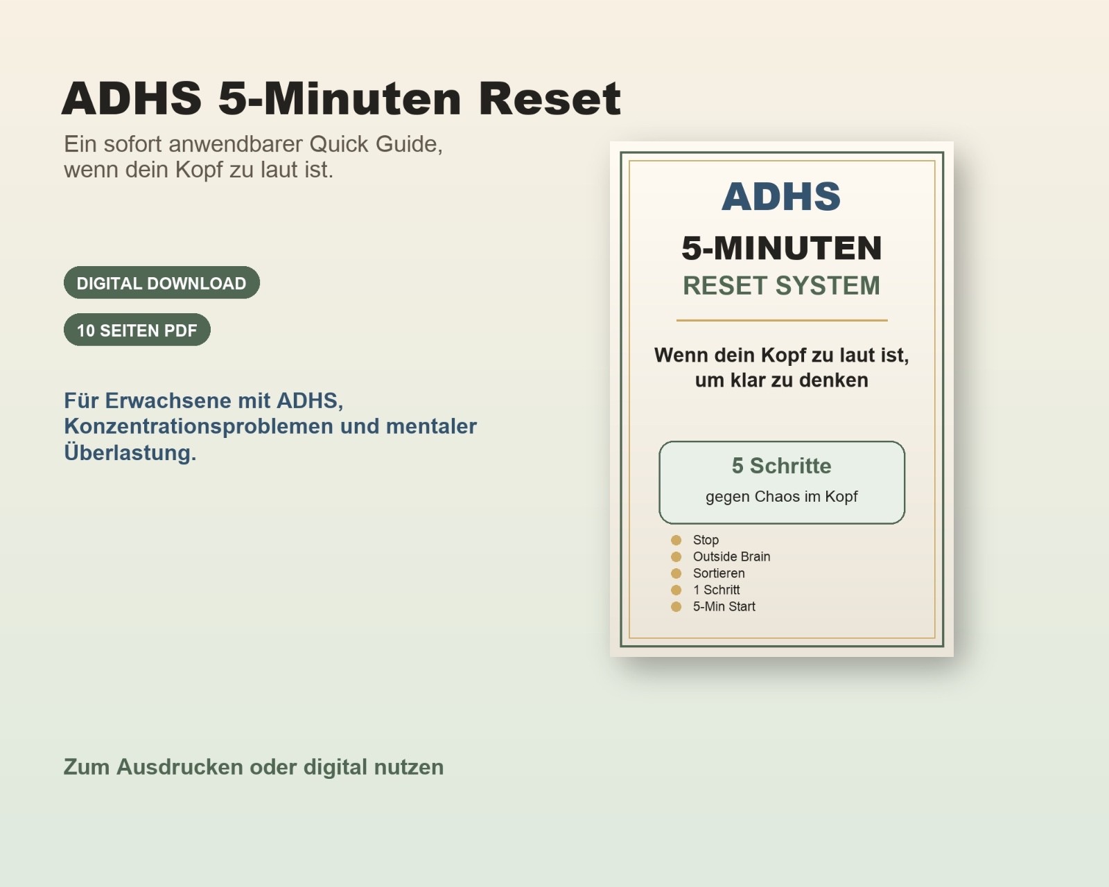 ADHS 5-Minuten Reset PDF Quick Guide Fokus Brain Dump Selbstorganisation