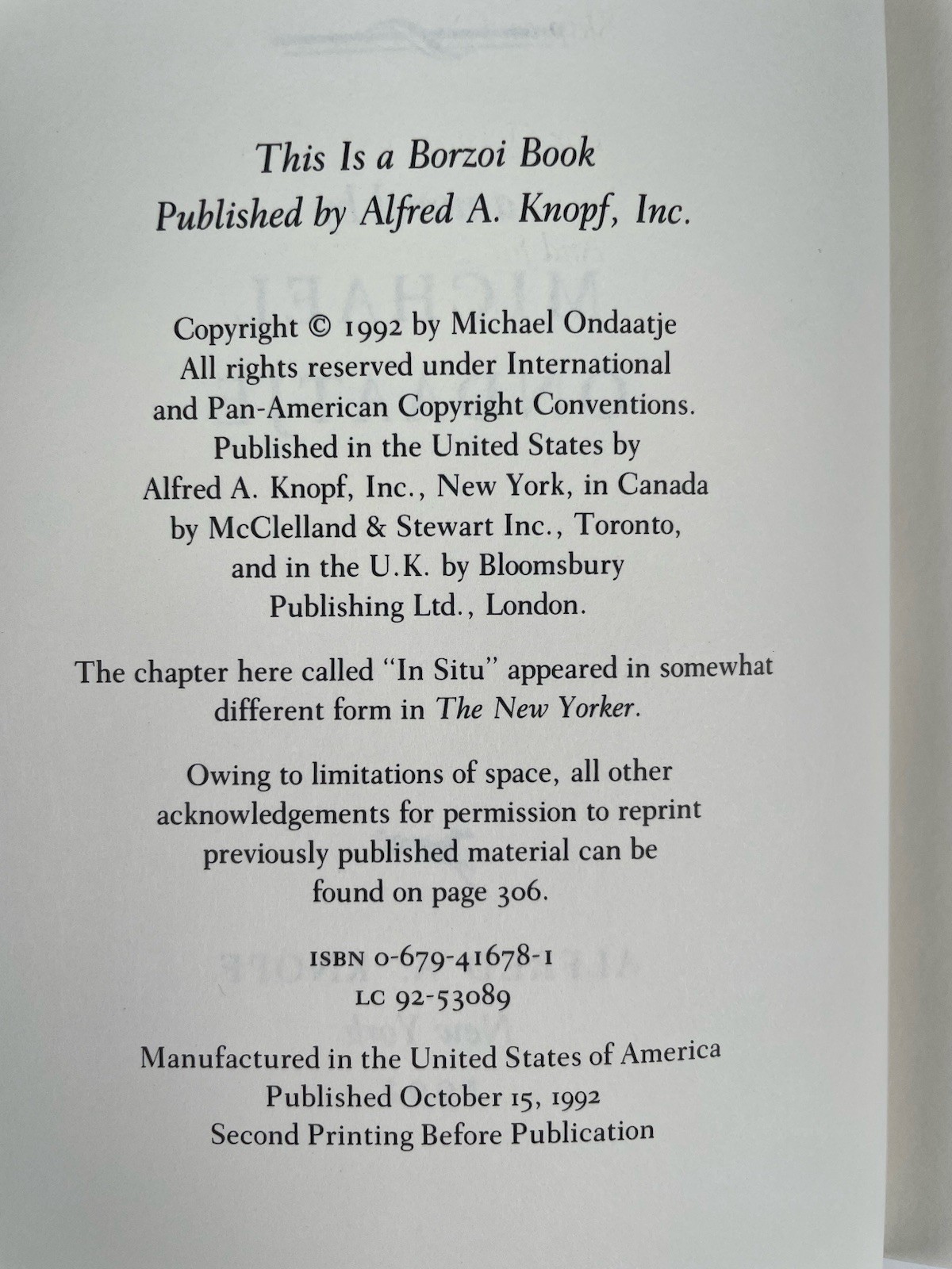 The English Patient Michael Ondaatje First Edition 2nd Printing Hardcover 1992