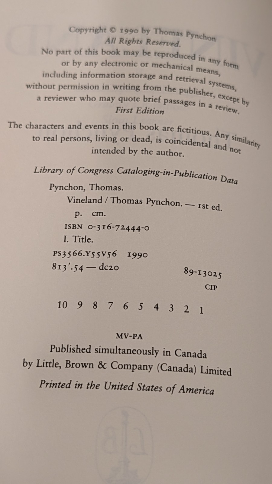 Vineland Thomas Pynchon Little Brown 1990 First Edition/First Printing Hardcover