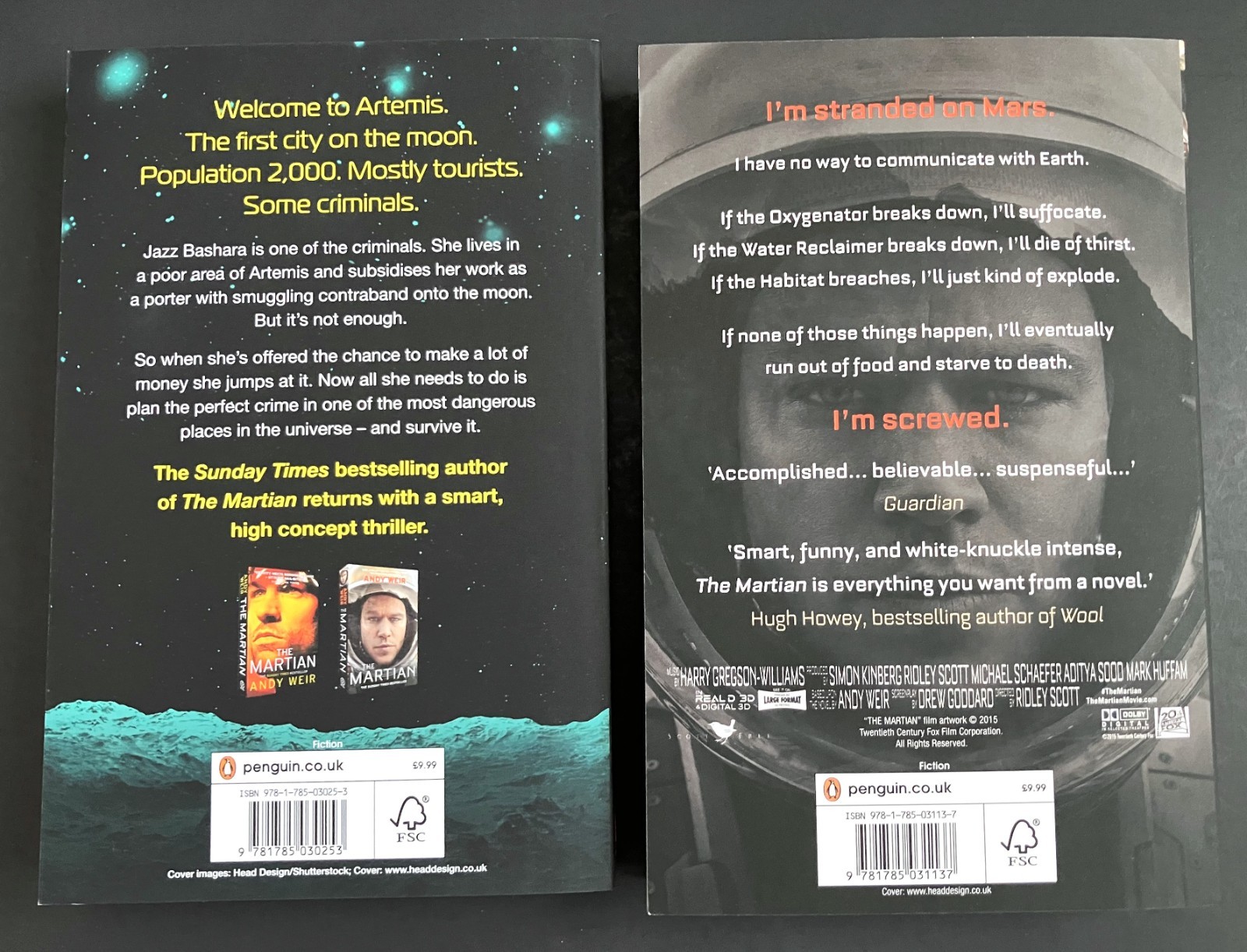 Andy Weir 2 Book Lot The Martian & Artemis Paperback Sci-Fi Novels Penguin