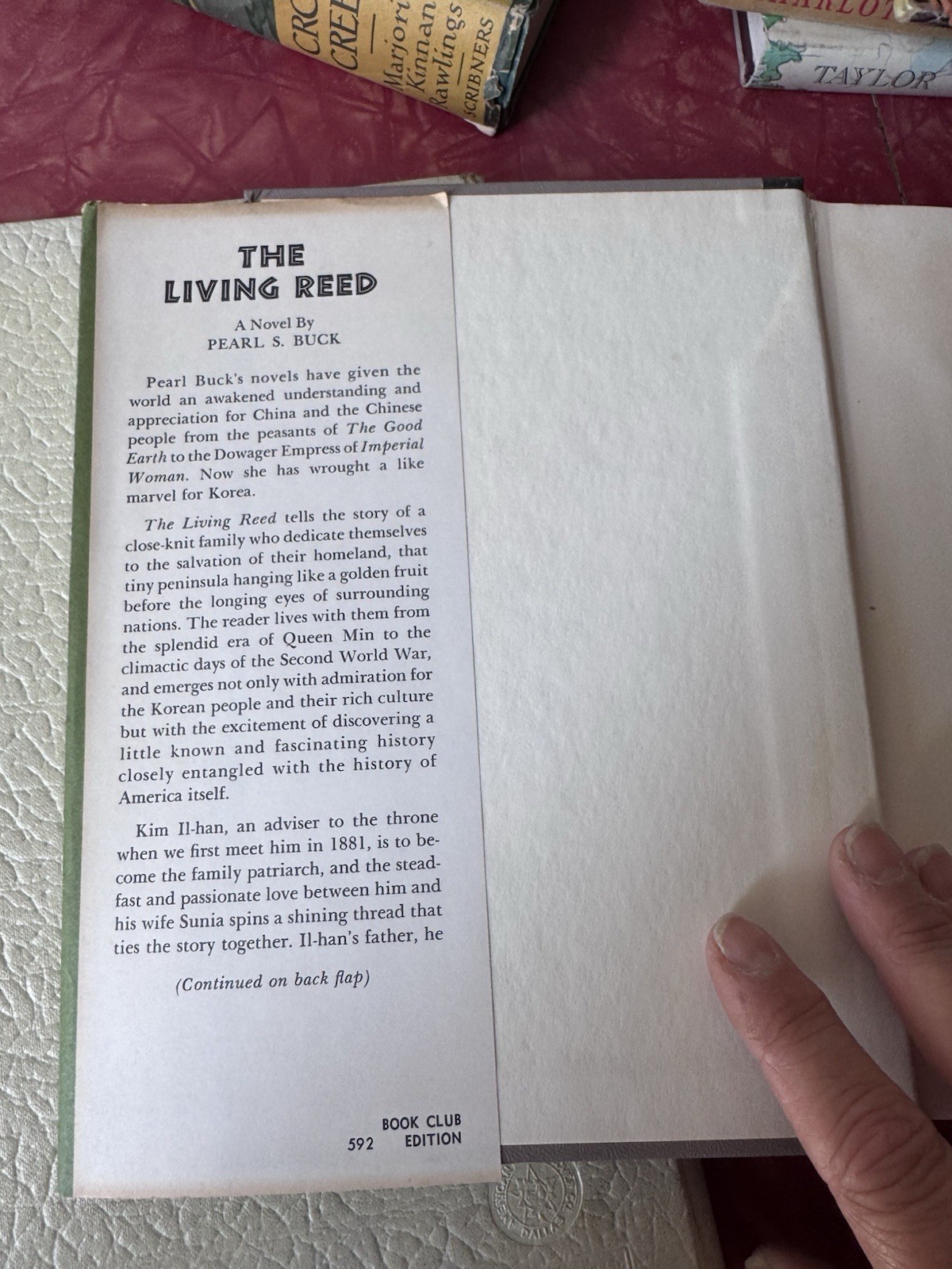 Vintage The Living Reed by Pearl S. Buck 1963 HC DJ Book Club Ed