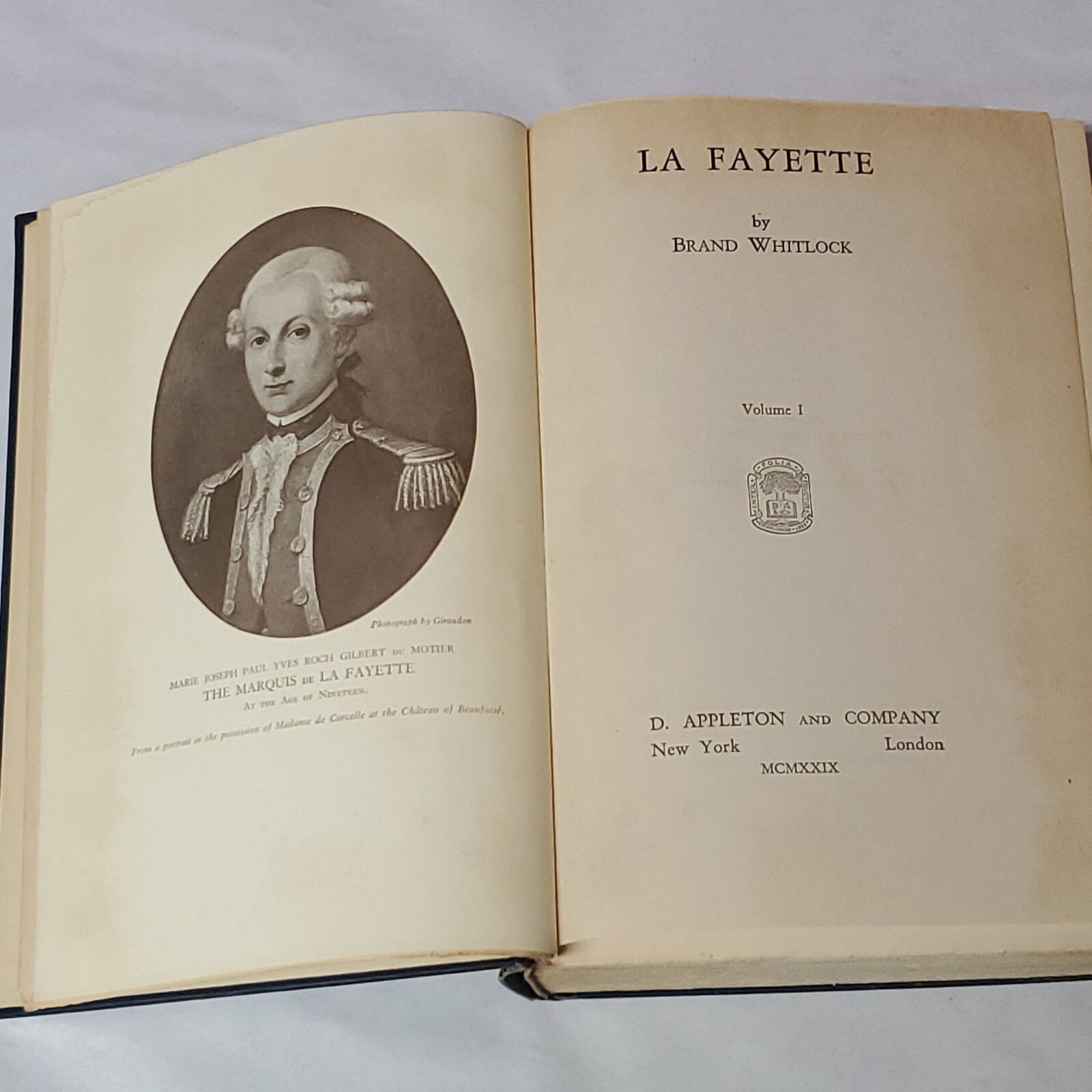 La Fayette by Brand Whitlock Vol 1 & 2 HC 1st Ed 1929 D. Appleton & Co. MCMXXIX