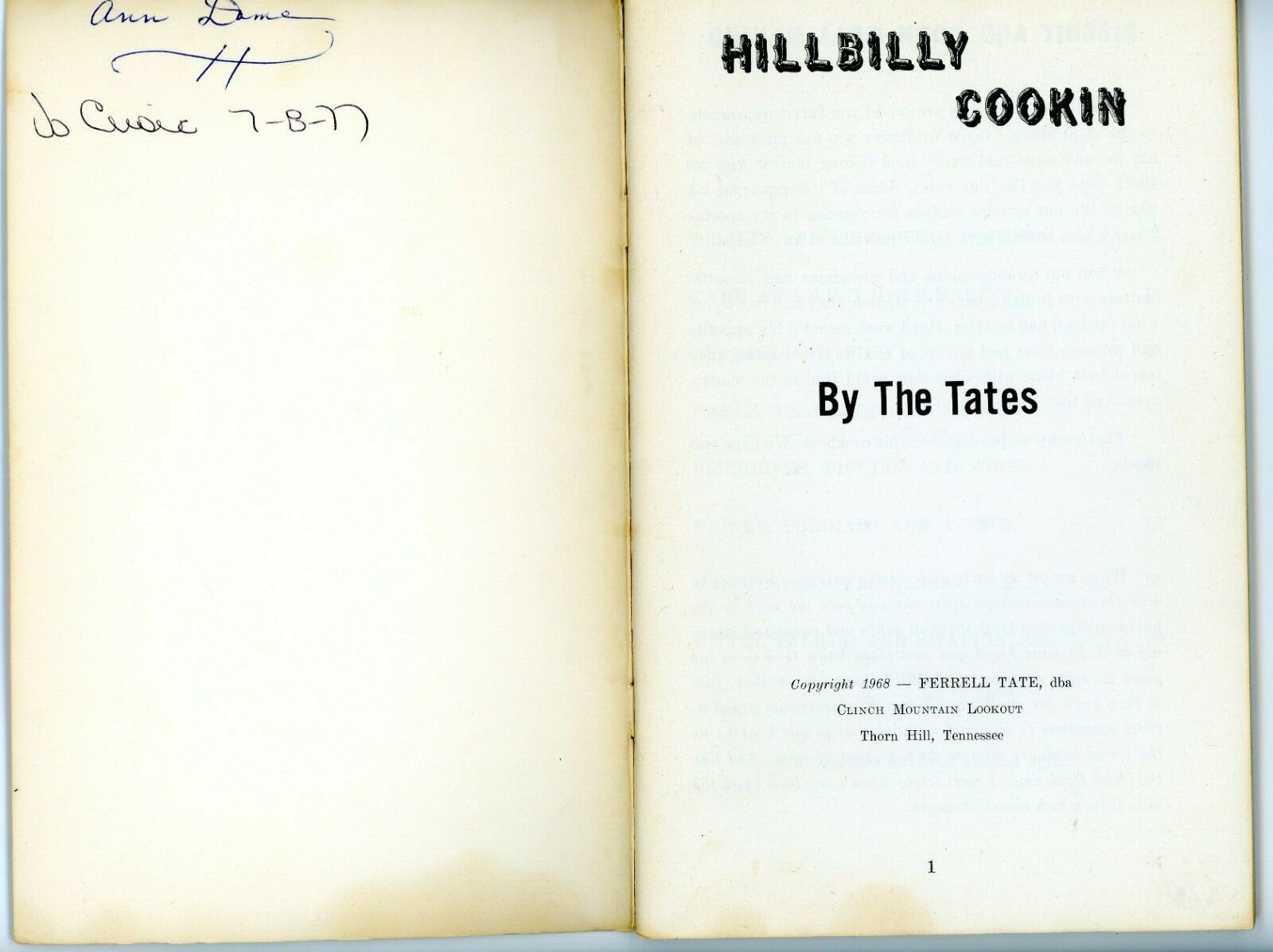 1968 Hillbilly Cookin Mountaineer Style Tates Thorn Hill Tennessee 64 pages