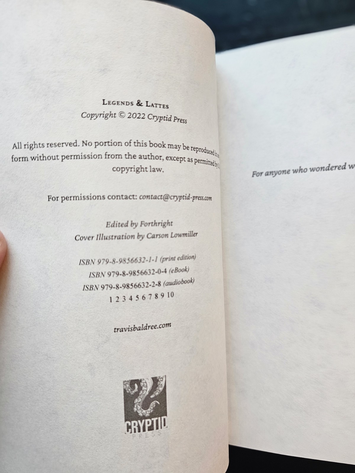 Legends and Lattes by Travis Baldree, TRUE FIRST EDITION, Cryptid Press