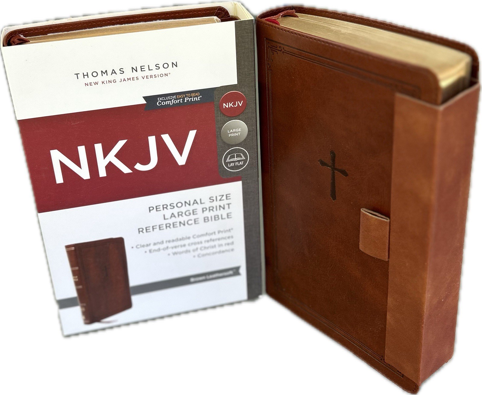 MAGNETIC CLOSURE NKJV LARGE PRINT(10.5pt) Personal Size Brown Leathersoft Bible