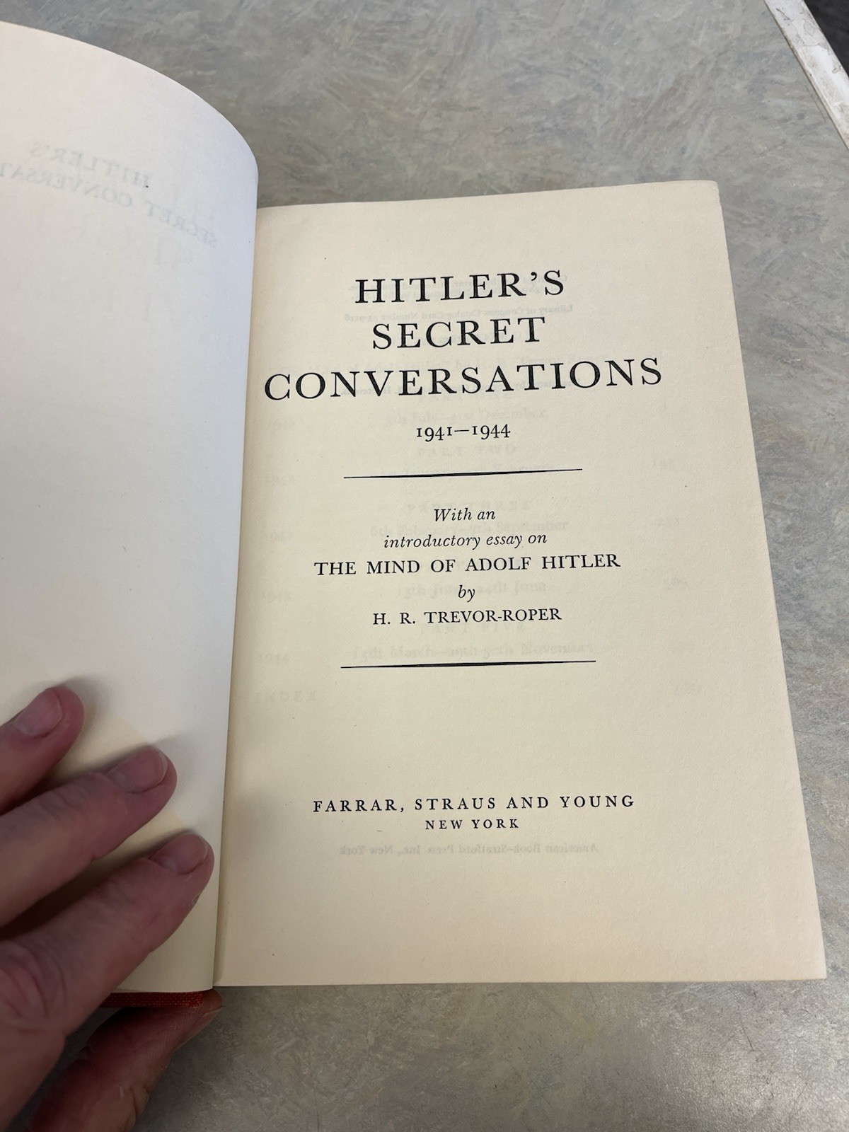 Hitler’s Secret Conversations/Farrar-Straus-Young/Hardcover/Dust Cover