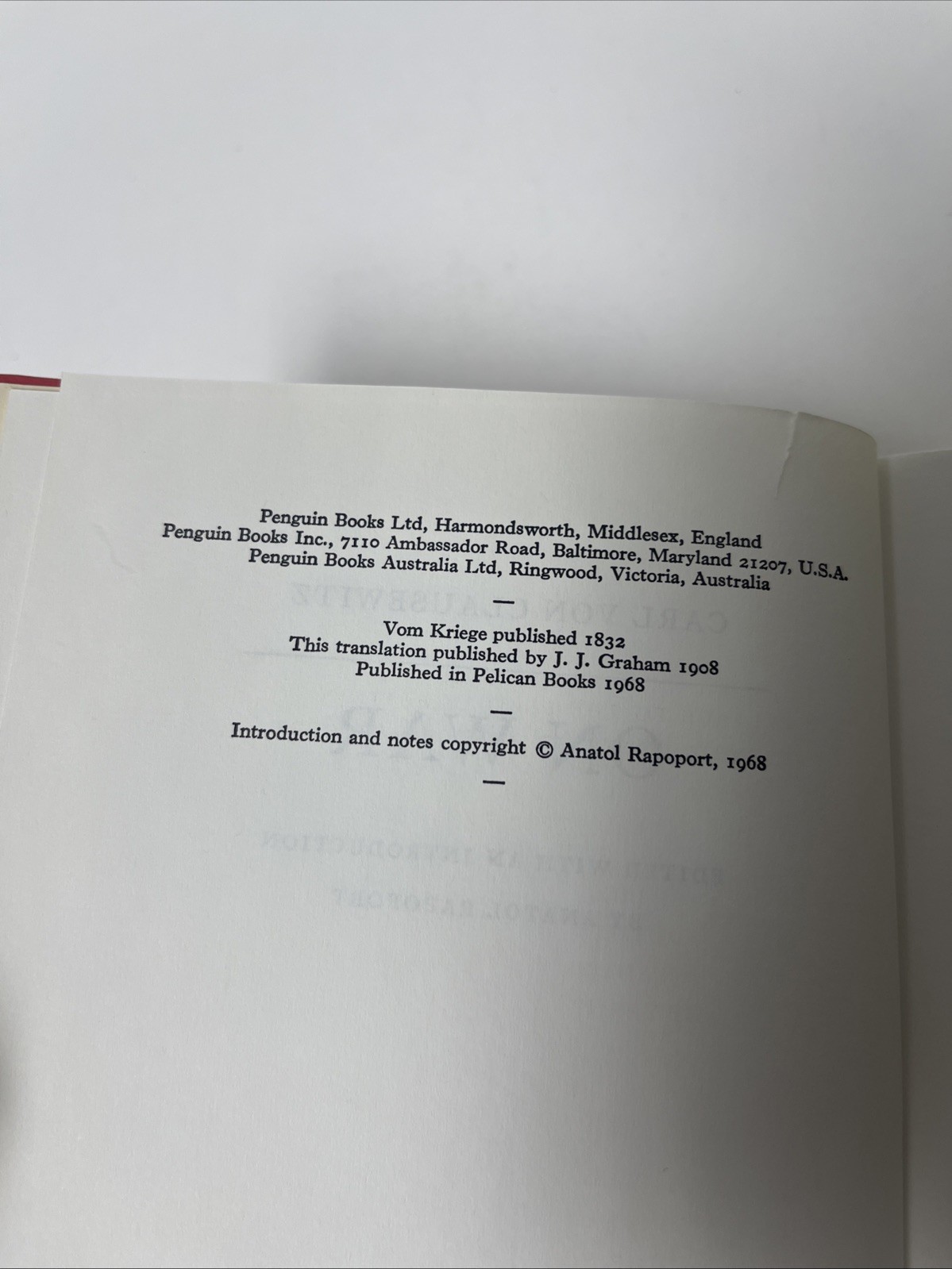 Carl Von Clausewitz On War by Anatol Rapoport Military Strategy HC/DJ 1968