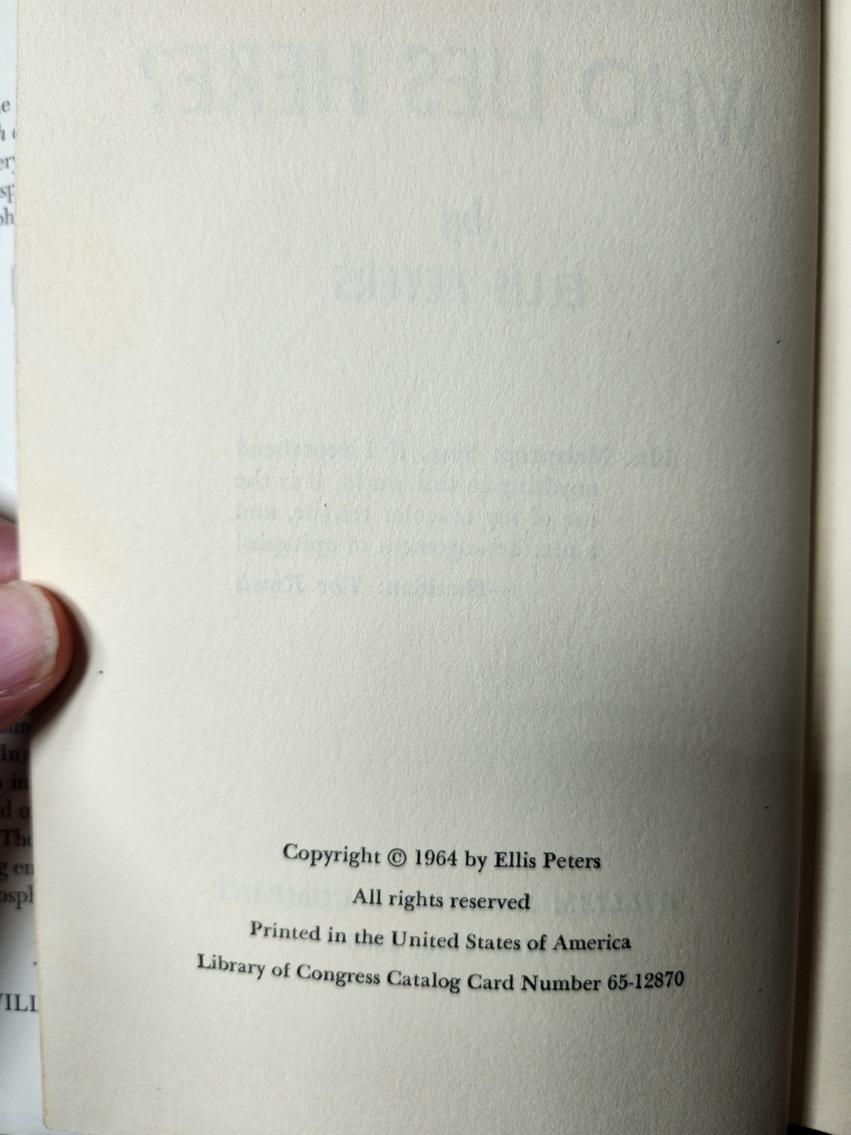 Whoe Lies Here? by Ellis Peters HC DJ 1965