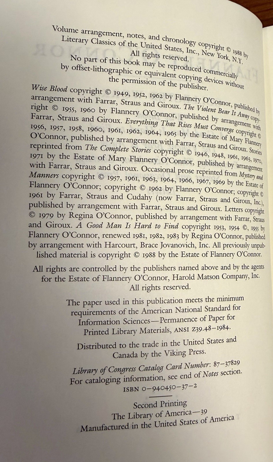 LIBRARY OF AMERICA Flannery O’Connor Collected Works 1988 HC/DJ 2nd Print VG+