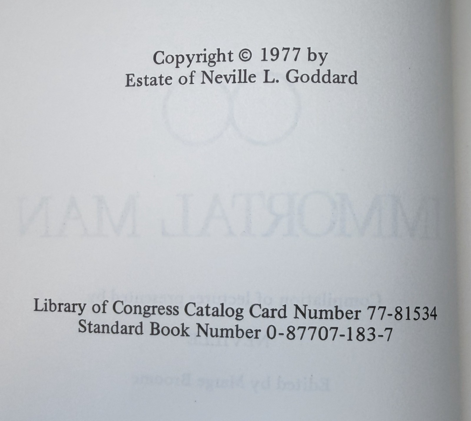 IMMORTAL MAN: COMPILATION OF LECTURES BY NEVILLE 1977 PB 1st Ed Broome Unity