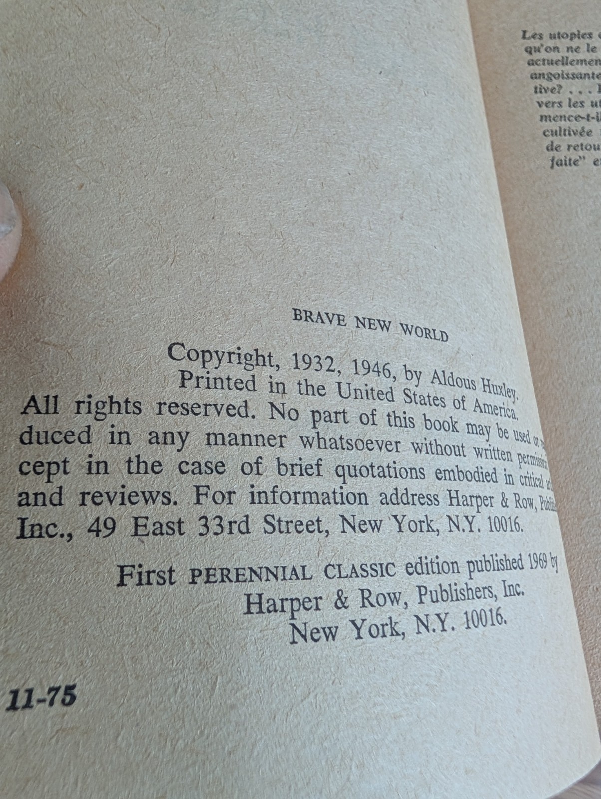 Brave New World Aldous Huxley 1969 Perennial Classic Paperback Vintage