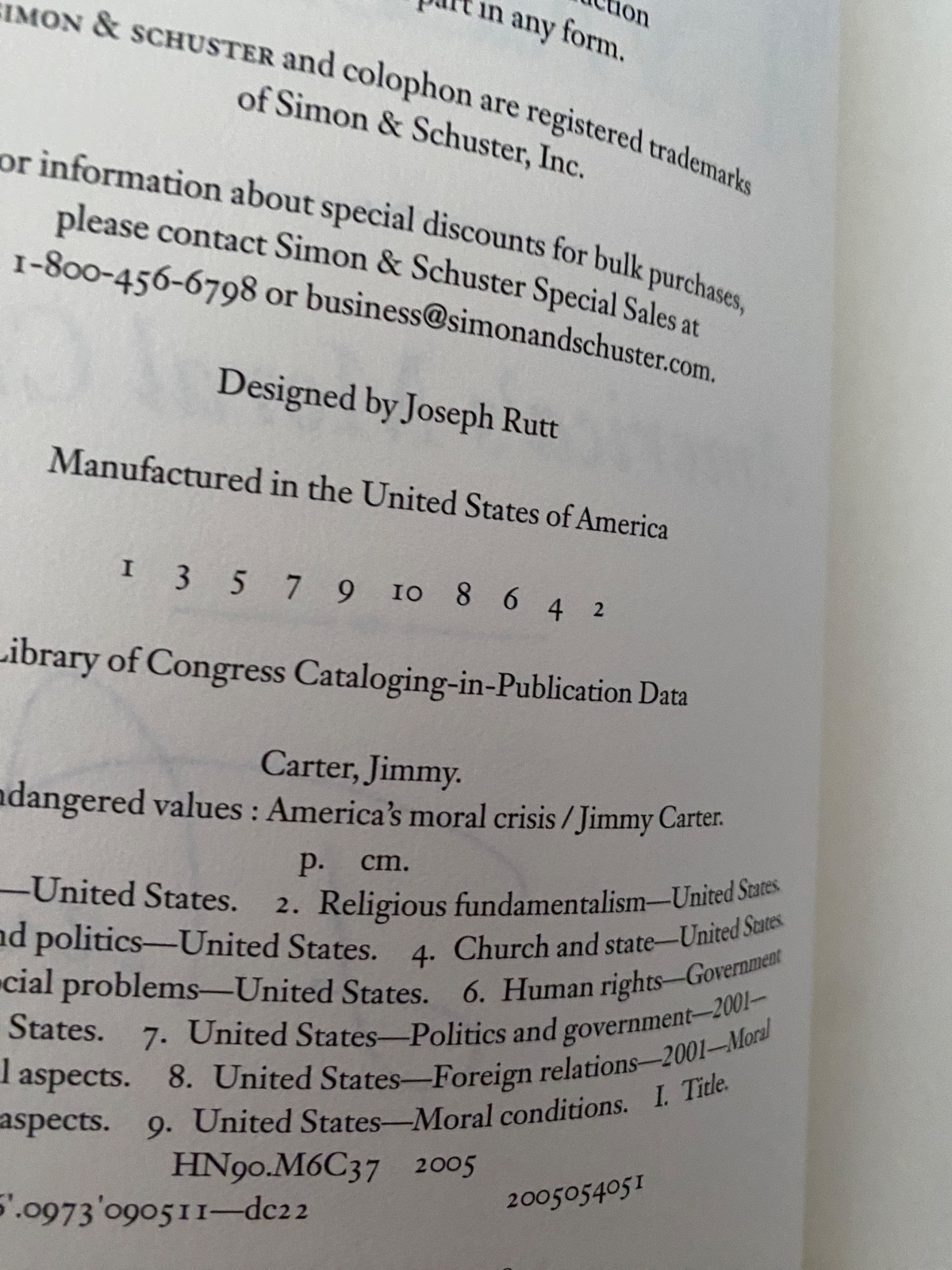Signed Jimmy Carter Our Endangered Values 2005 1st Ed/1st Print Hardcover