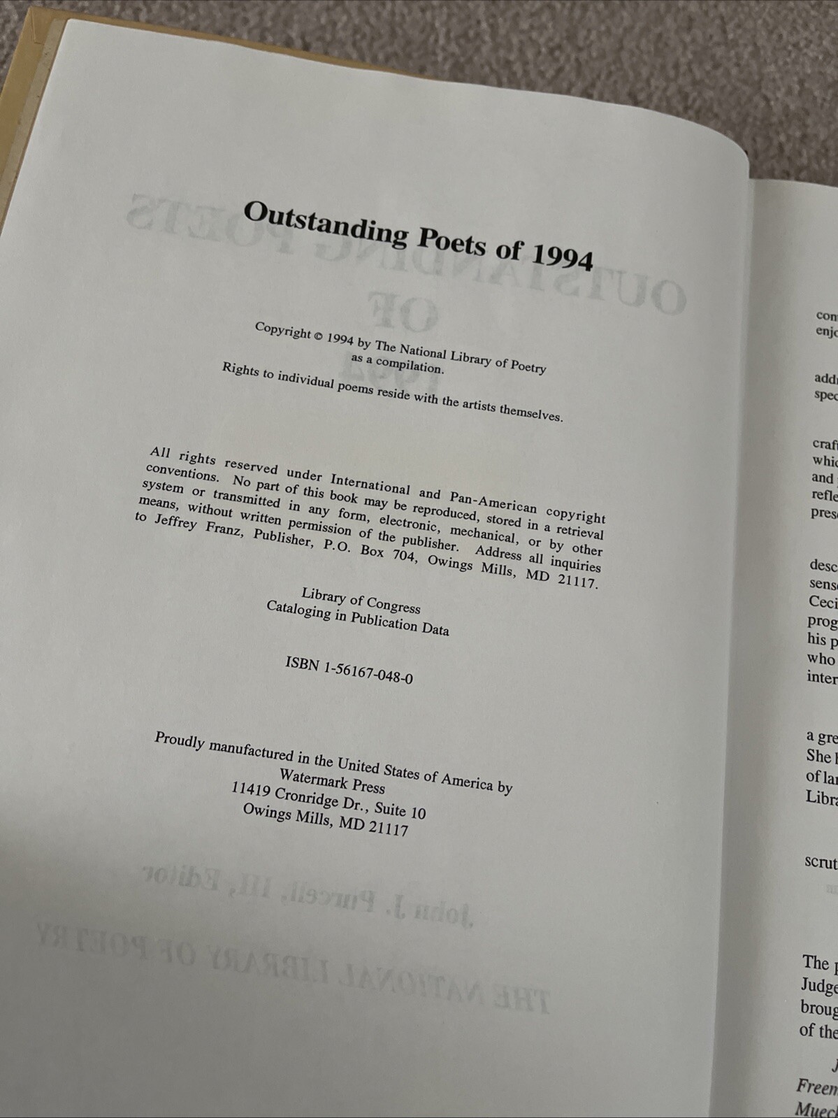Outstanding Poets of 1994 The National Library of Poetry Edited by John Purcell