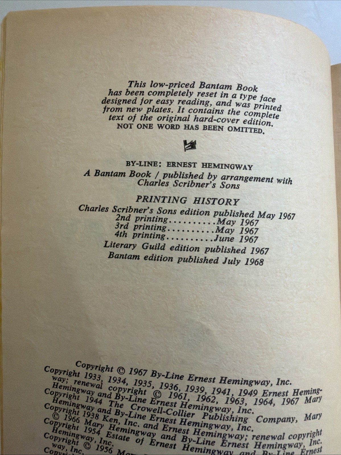 By-Line: Ernest Hemingway – Selected Articles and Dispatches 1968 Paperback