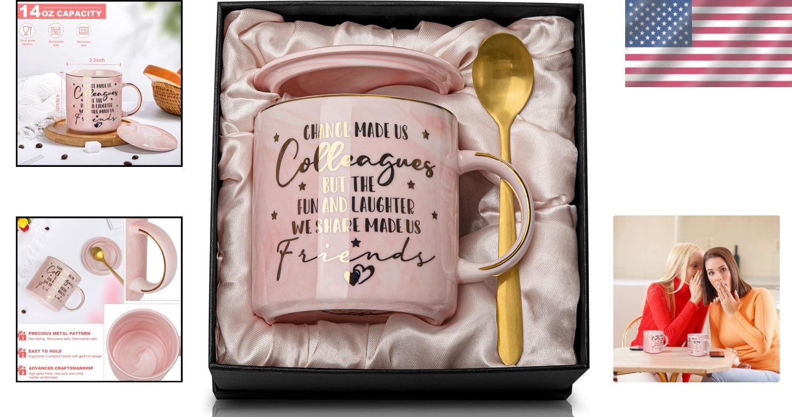 Charming 14oz Marble Mug with Gold Spoon – Ideal Farewell Gift for Friends