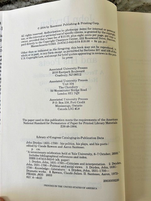 John Dryden(1631-1700) His Politics, Plays, & Poets: A Tercentenary Celebration