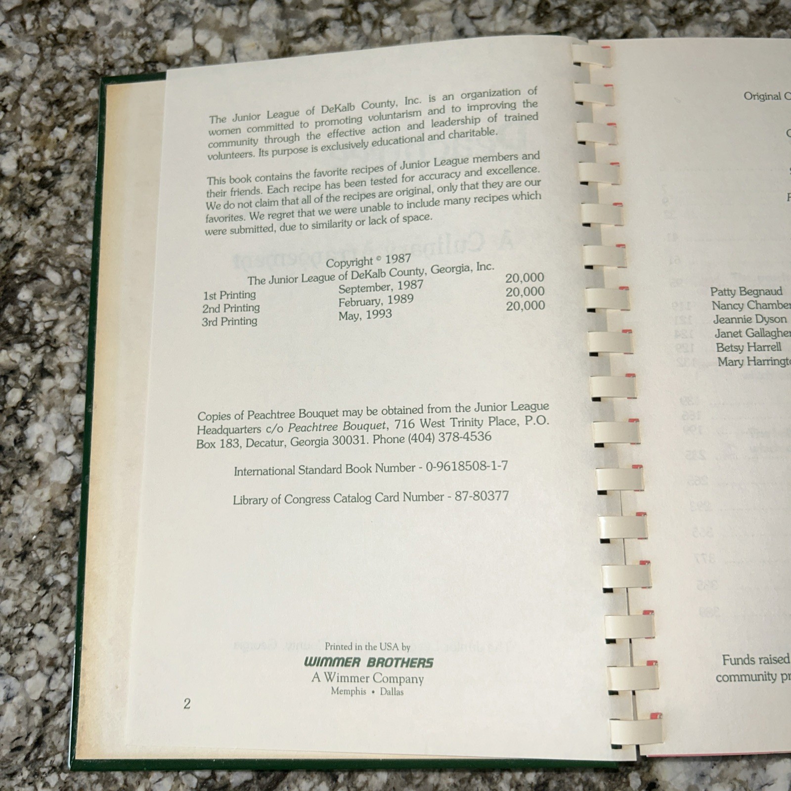 PEACHTREE BOUQUET THE JUNIOR LEAGUE DEKALB COUNTY, GEORGIA SPIRAL COOKBOOK 1993