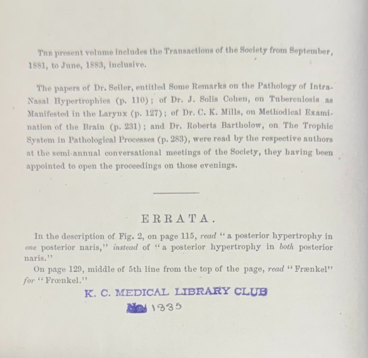 Transactions of the Pathological Society 1881-83 of Philadelphia 1884 Hardcover