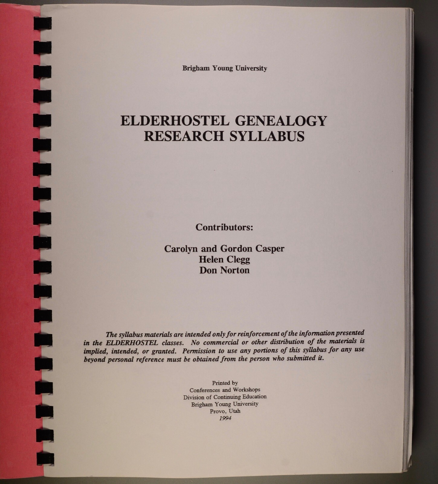Elderhostel Genealogy Research Syllabus 1994 BYU Brigham Young University Utah