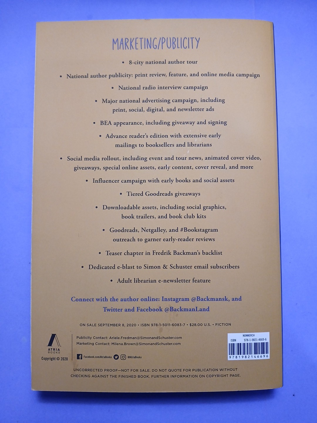 *ARC / Uncorrected Proof* Anxious People – Fredrik Backman (Atria, 2020)