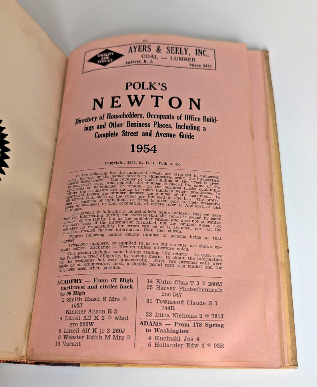 Polk’s Newton NJ Directory 1954 Sussex County New Jersey City Directory