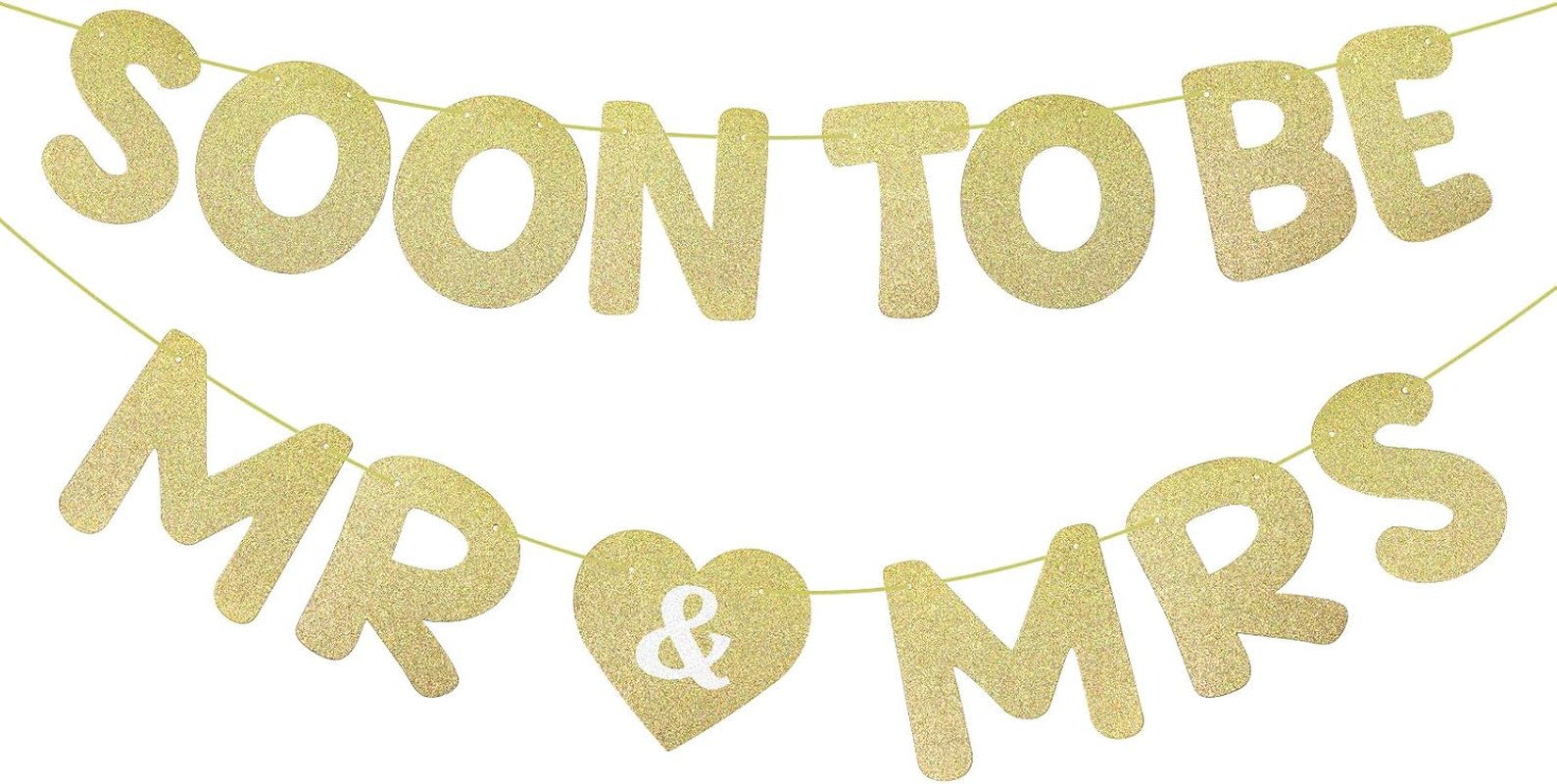 Soon to Be Mr & Mrs Banner for Bridal Shower Decorations Pre-Strung Gold Glitter