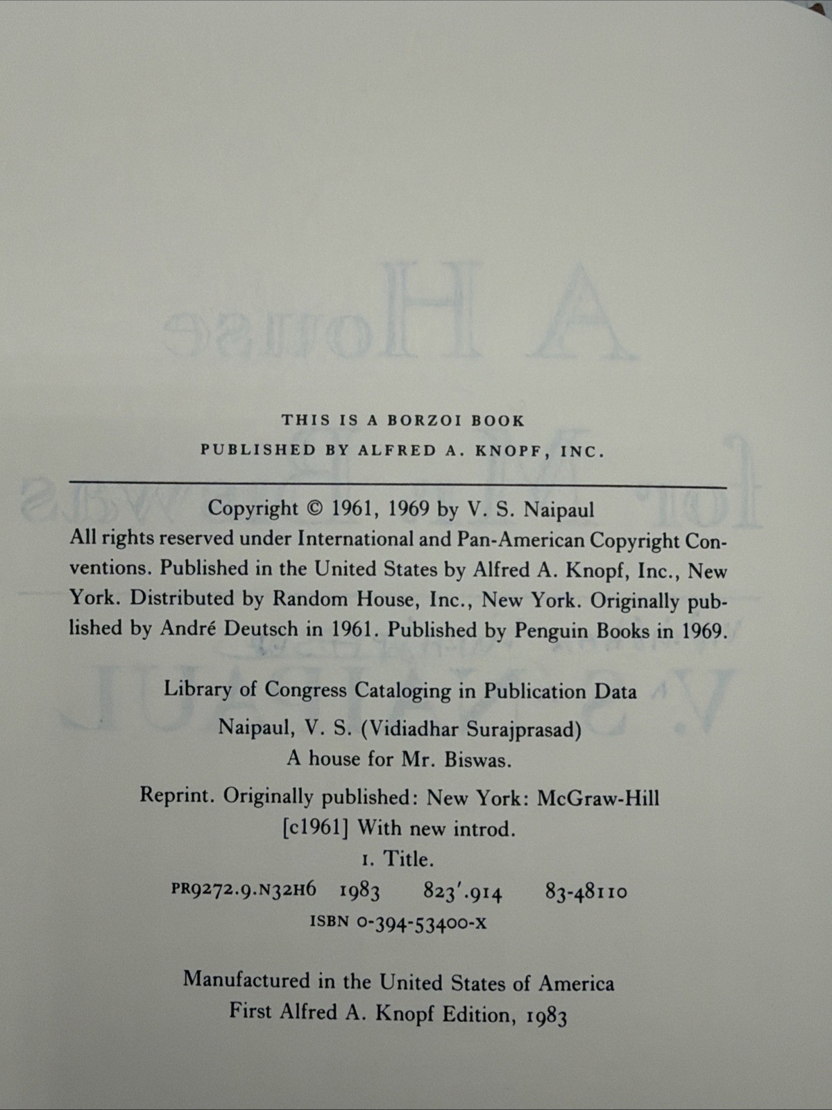 A House For Mr. Biswas by V.S. Naipaul (1983, Alfred A. Knopf) HCDJ