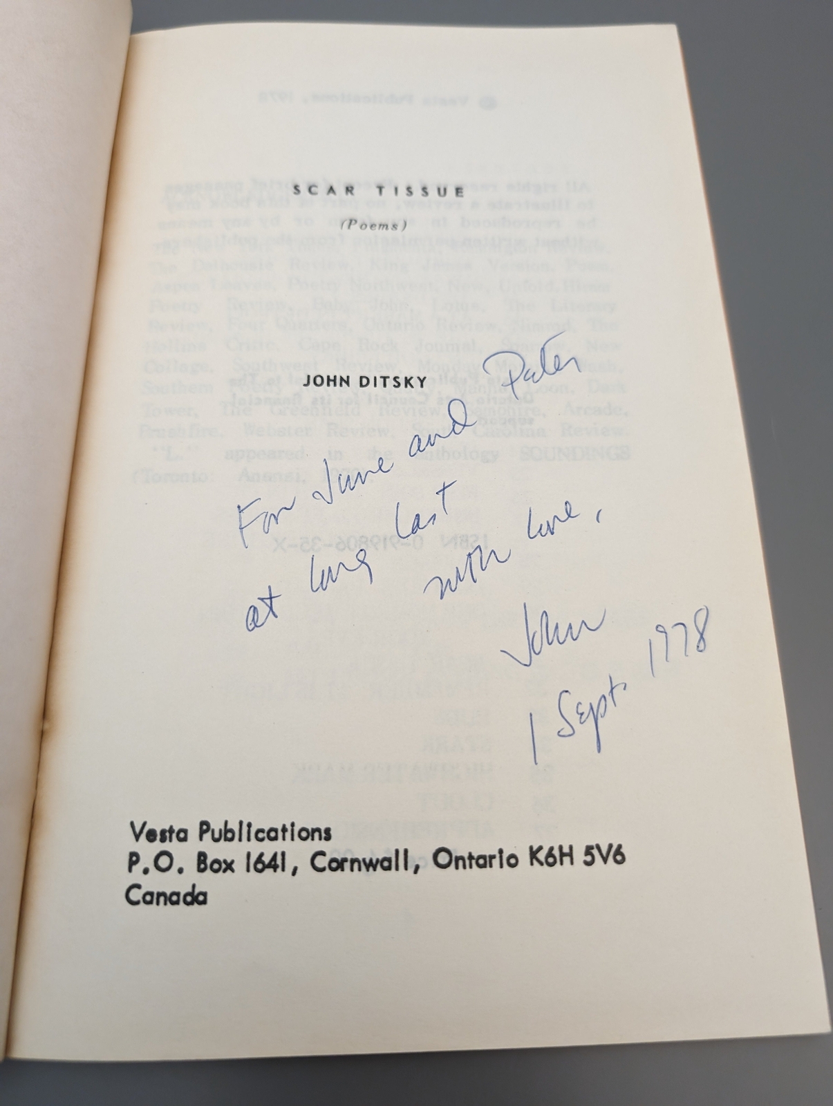 SIGNED! Scar Tissue by DITSKY, John 1978 Poetry SEE PICS