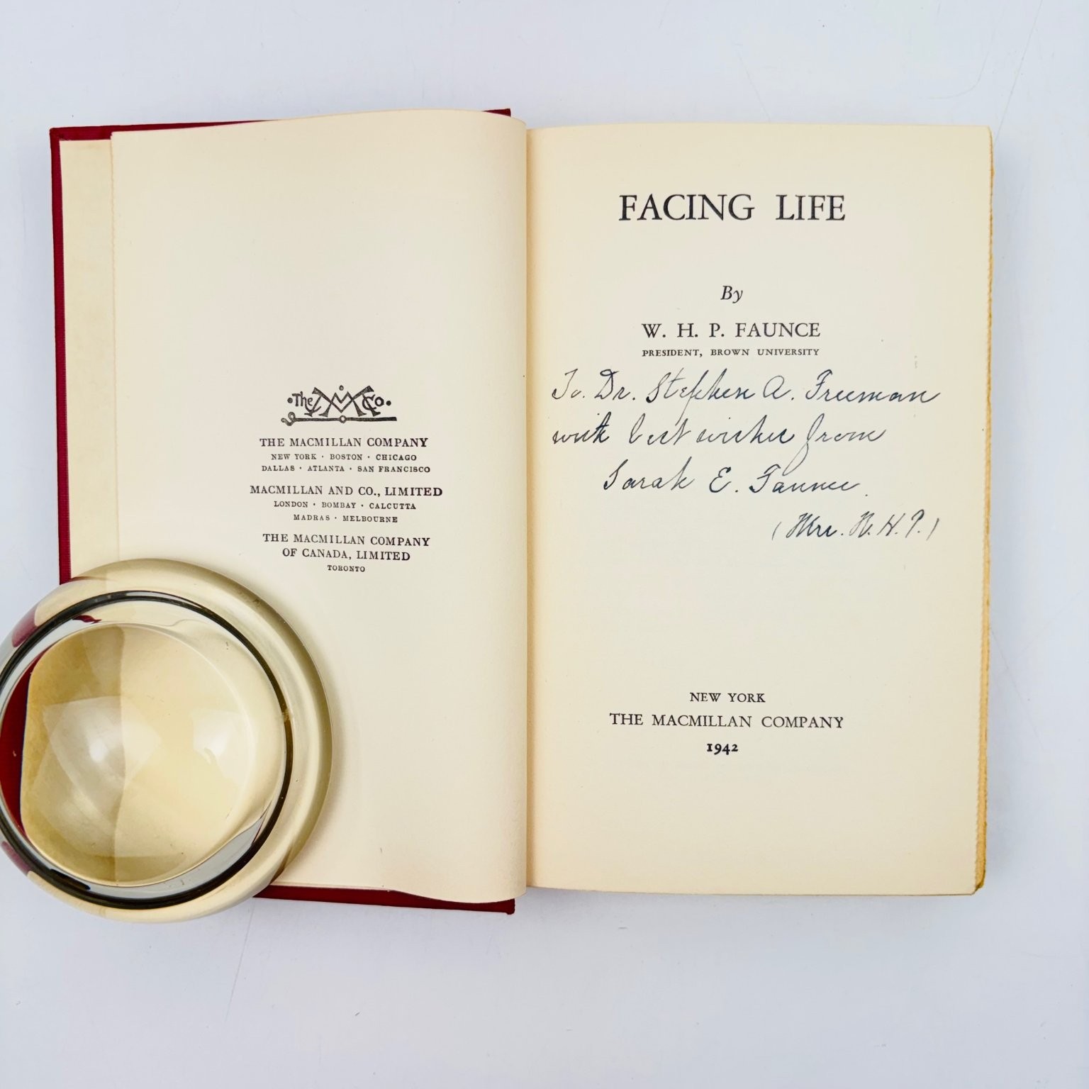 Facing Life WHP Faunce 1942 Association Copy Inscribed & Signed by Author’s Wife