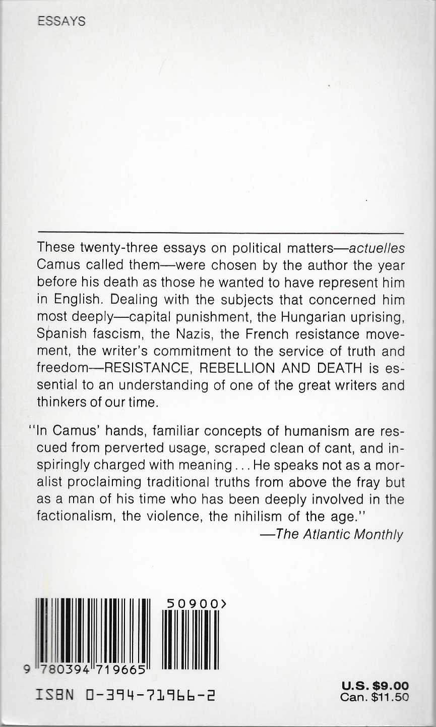 Resistance, Rebellion, and Death by Albert Camus (1974~Paperback~New)