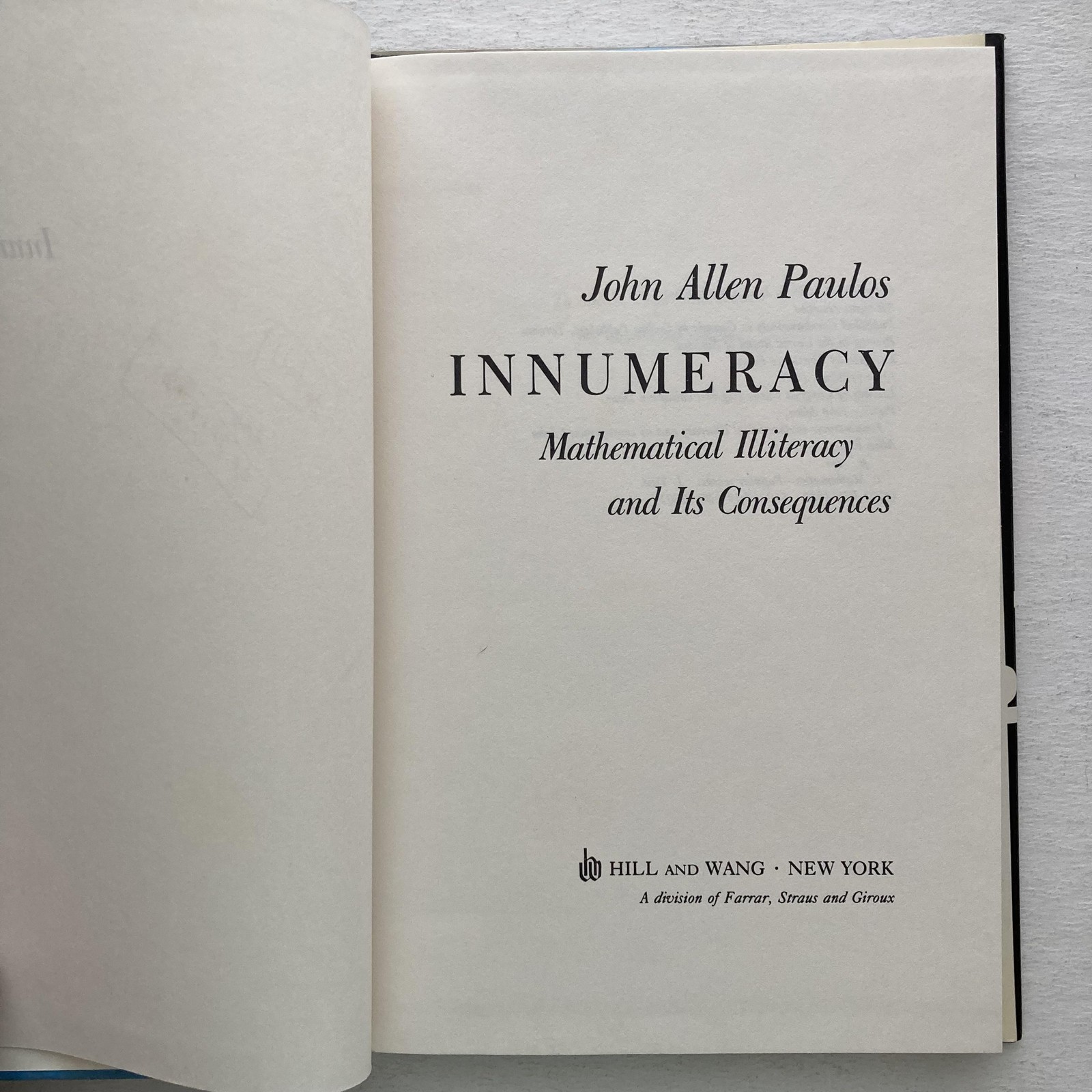 Vintage 1989 Innumeracy John Allen Paulos Hill & Wang Black 1st Ed HC DJ USA