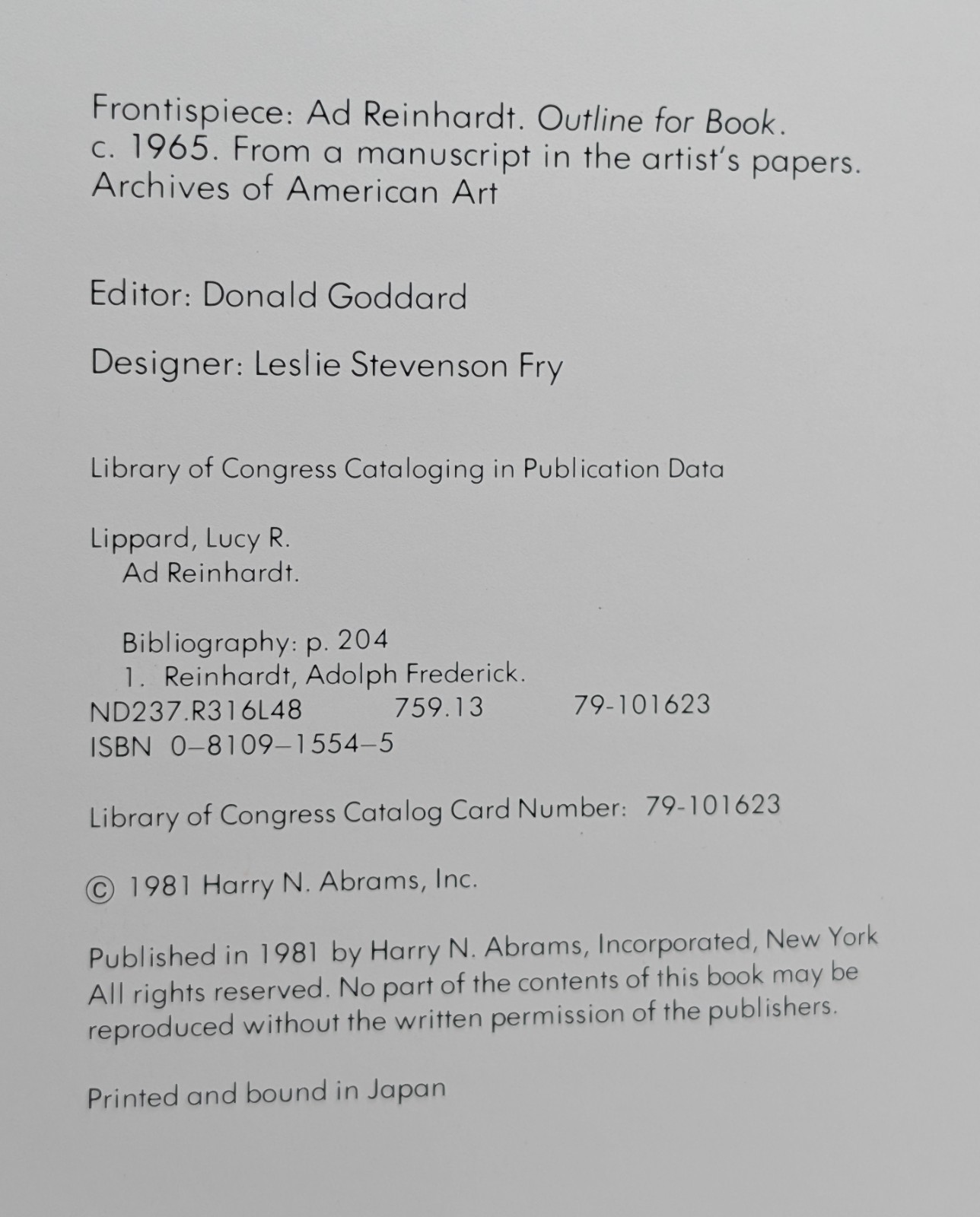 Ad Reinhardt by Lucy R. Lippard (Abrams, 1981) Hardcover