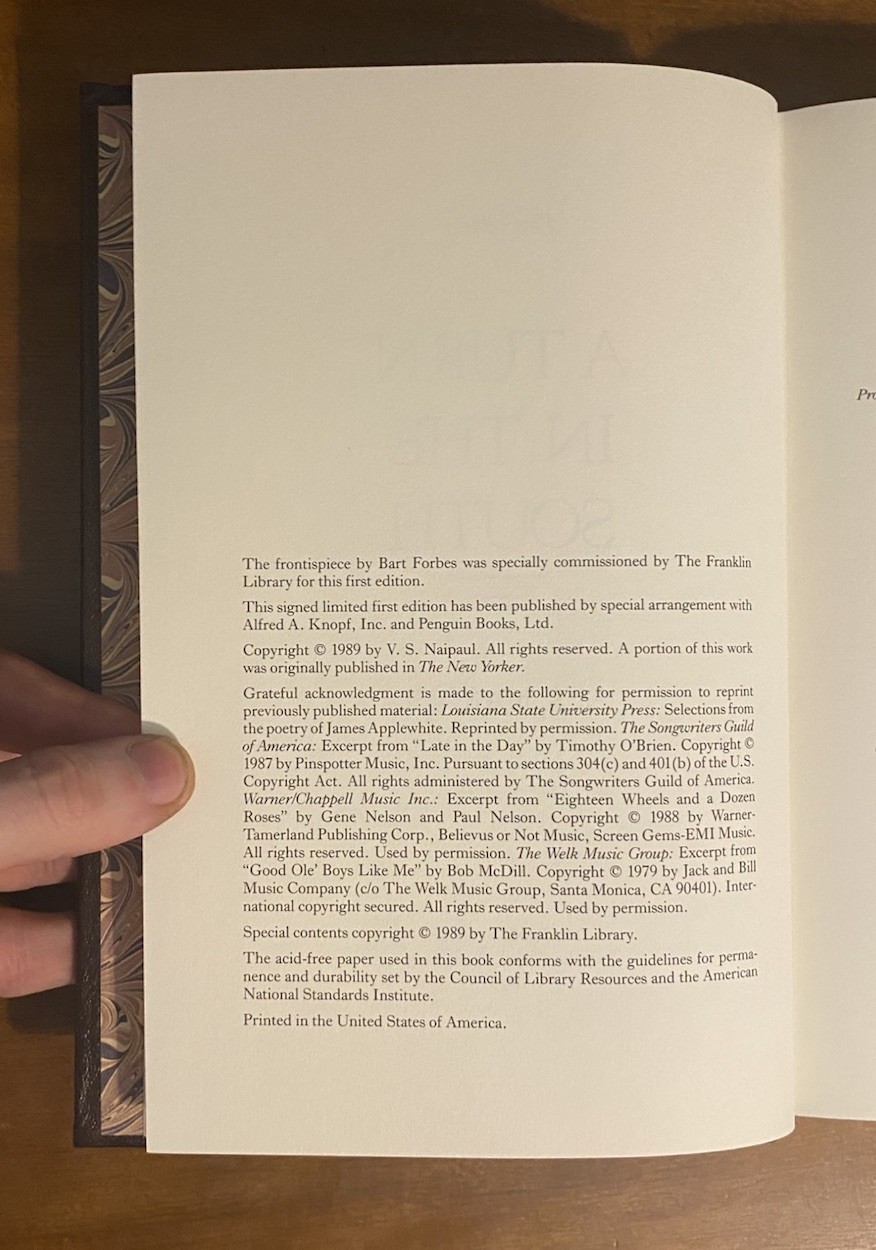Signed 1st Ed A Turn in the South V.S. Naipaul Franklin Library Leather 1989