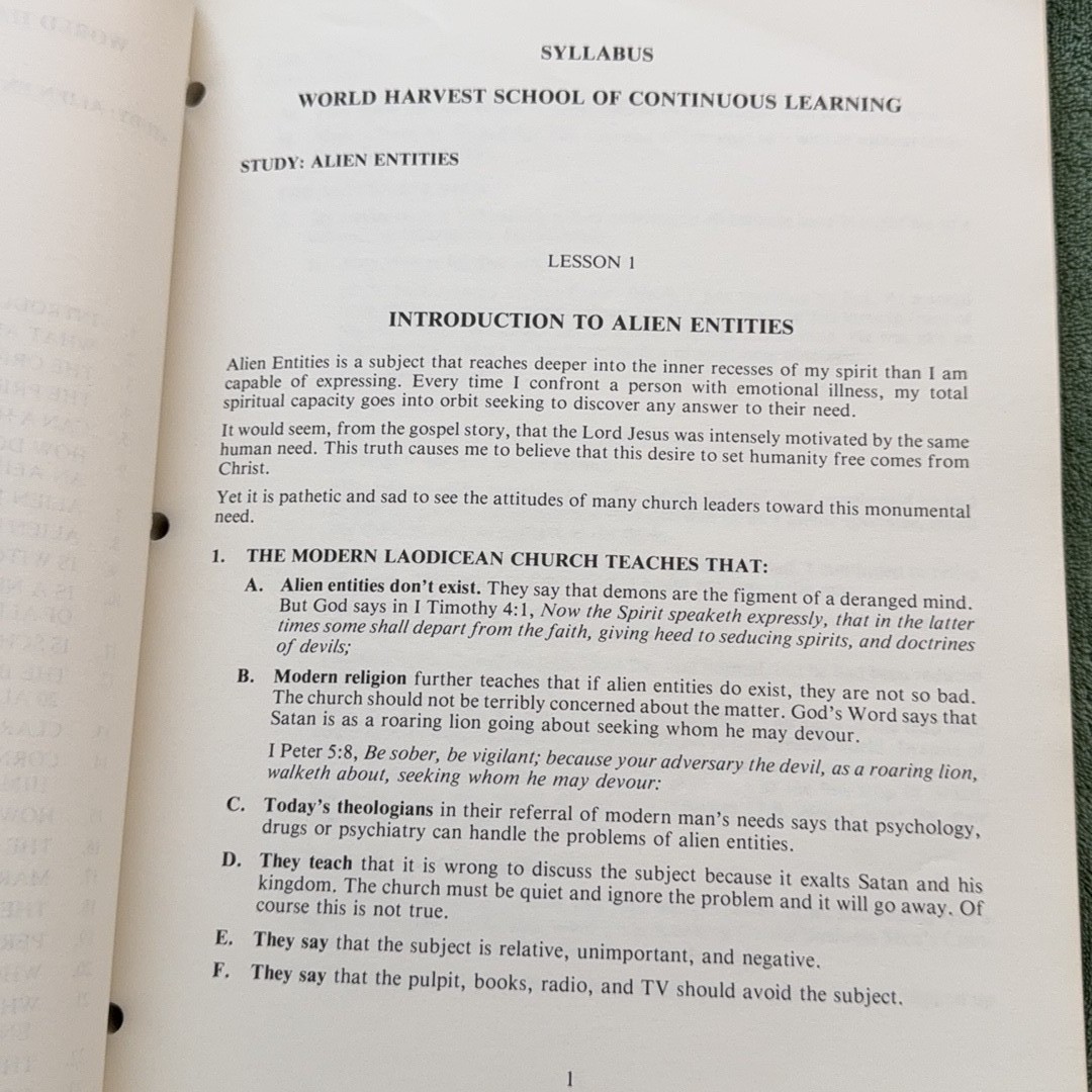 Alien Entities by Dr. Lester Sumrall World Harvest Syllabus 1983 LESEA