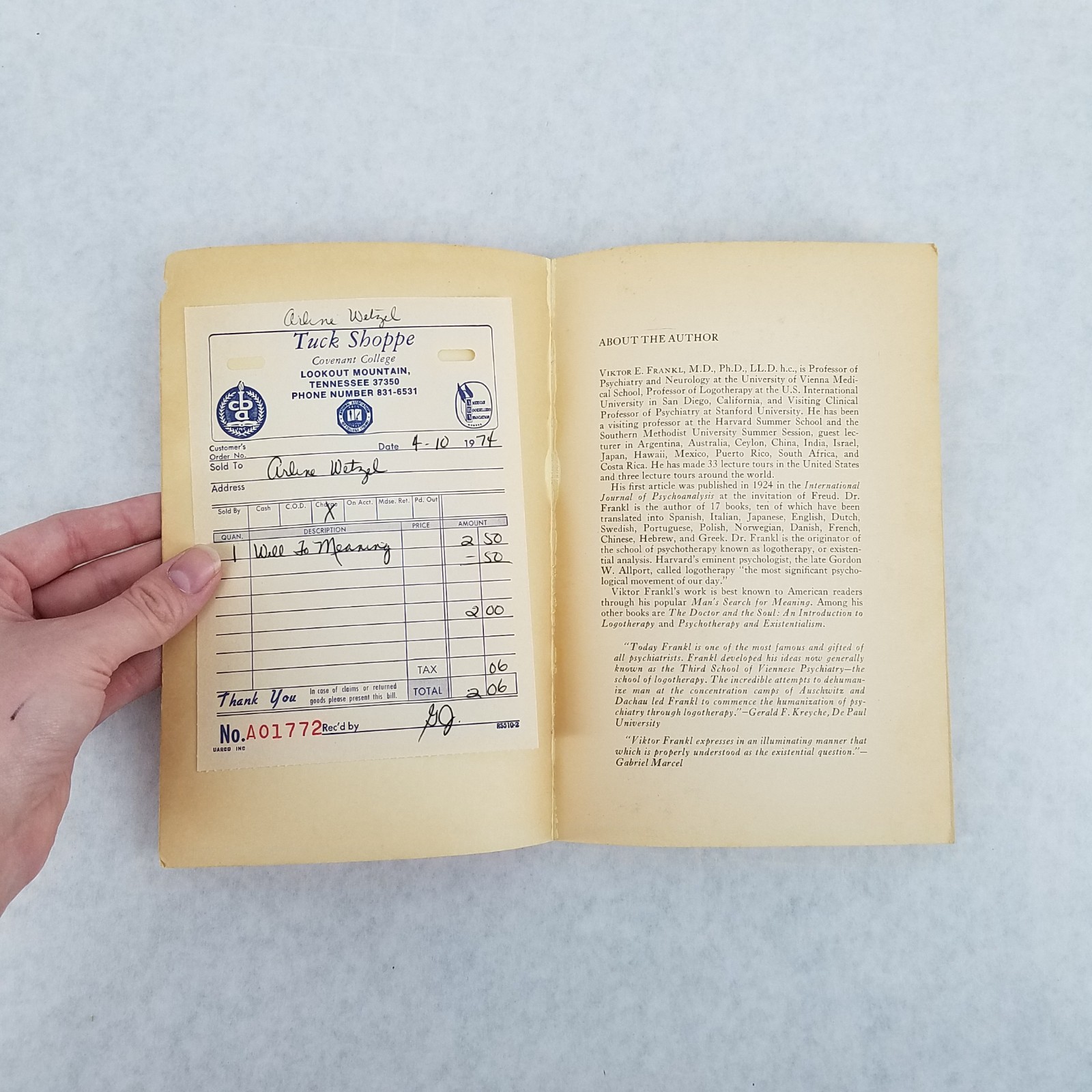 The Will To Meaning – Softcover by Viktor E. Frankl – w/ Original Receipt