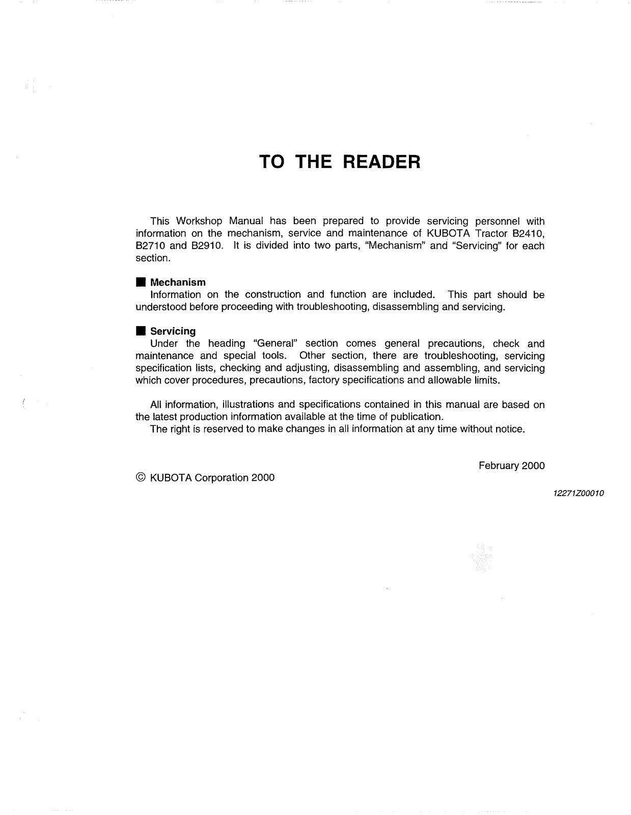 KUBOTA B2410 B2710 B2910 B7800 HSD TRACTOR WORKSHOP MANUAL – STEEL COIL BOUND