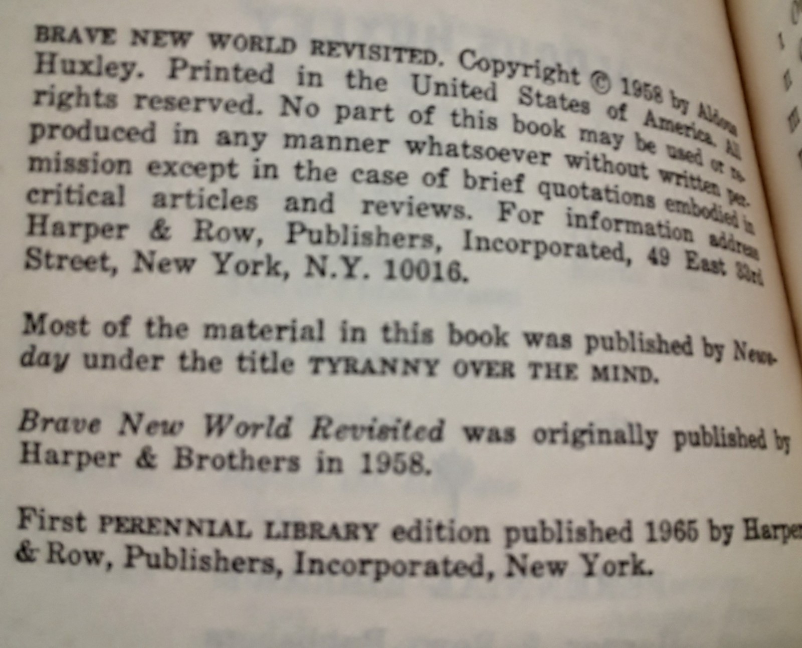 Brave New World Revisited Aldous Huxley PB Book 1965 Perennial Library Harper